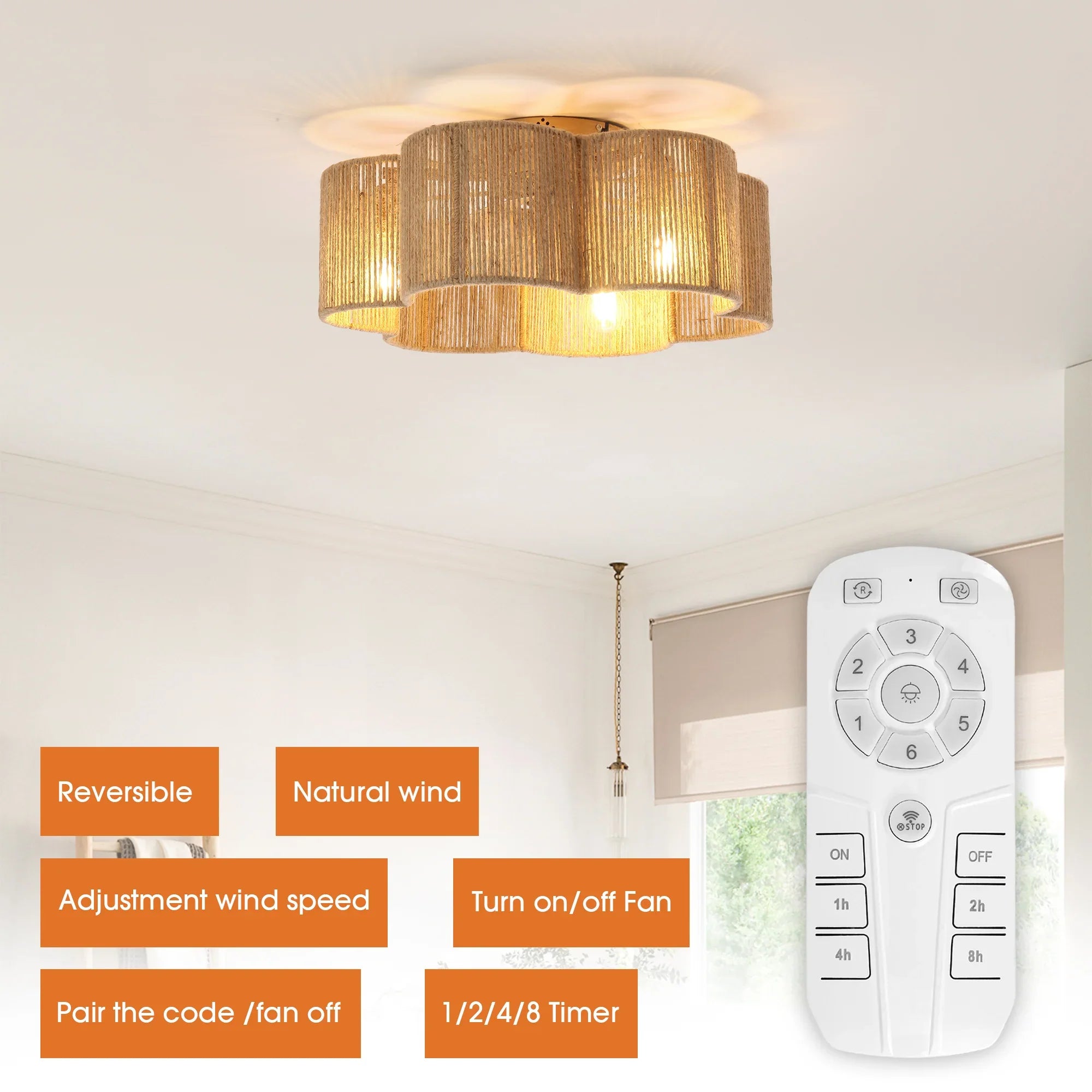 Ventilador de techo de ratán de 21 pulgadas con forma de flor dorada, montaje empotrado, aplicación de luz y control remoto