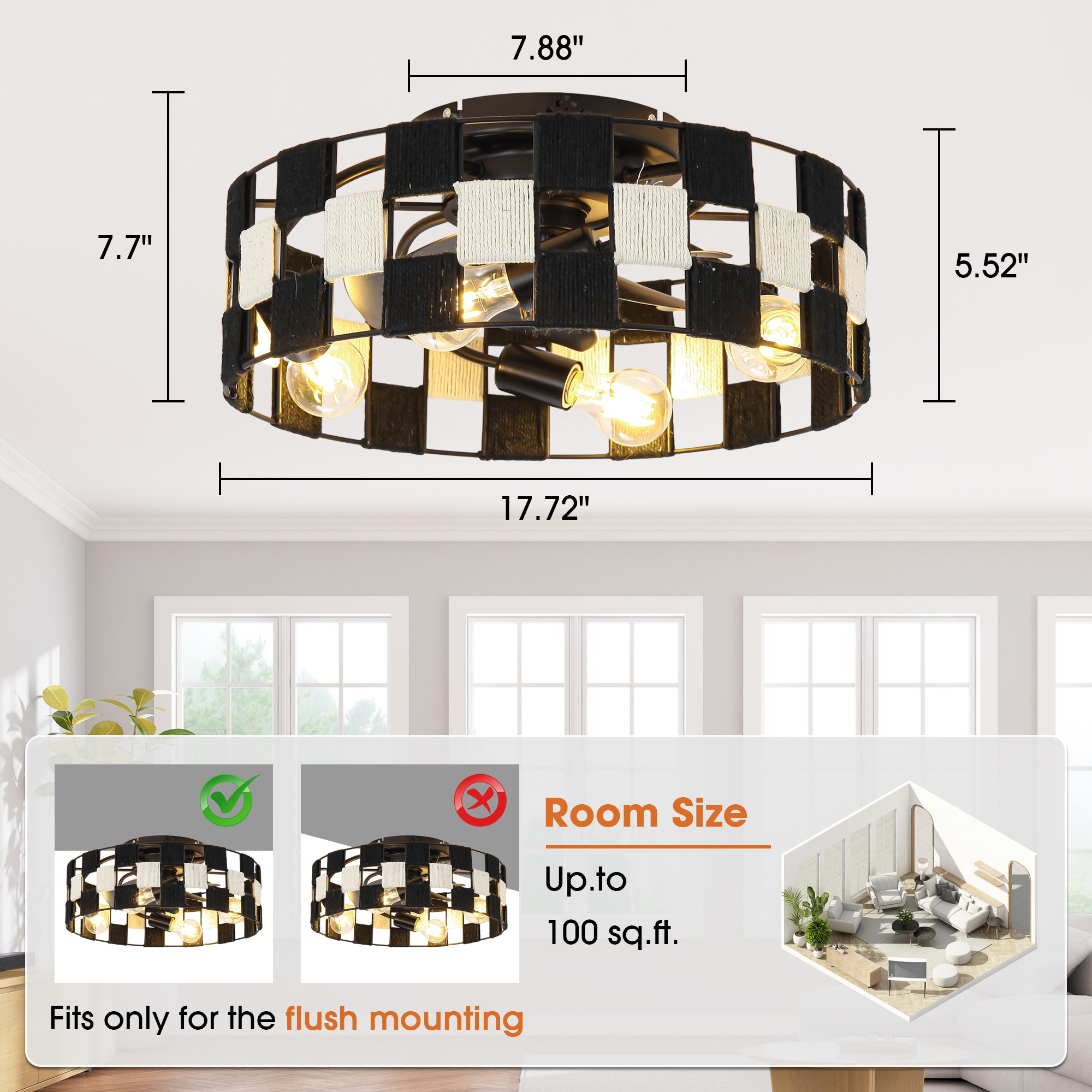 18 Inch Black Industrial Flush Mount Ceiling Fan with Light APP and Remote Control