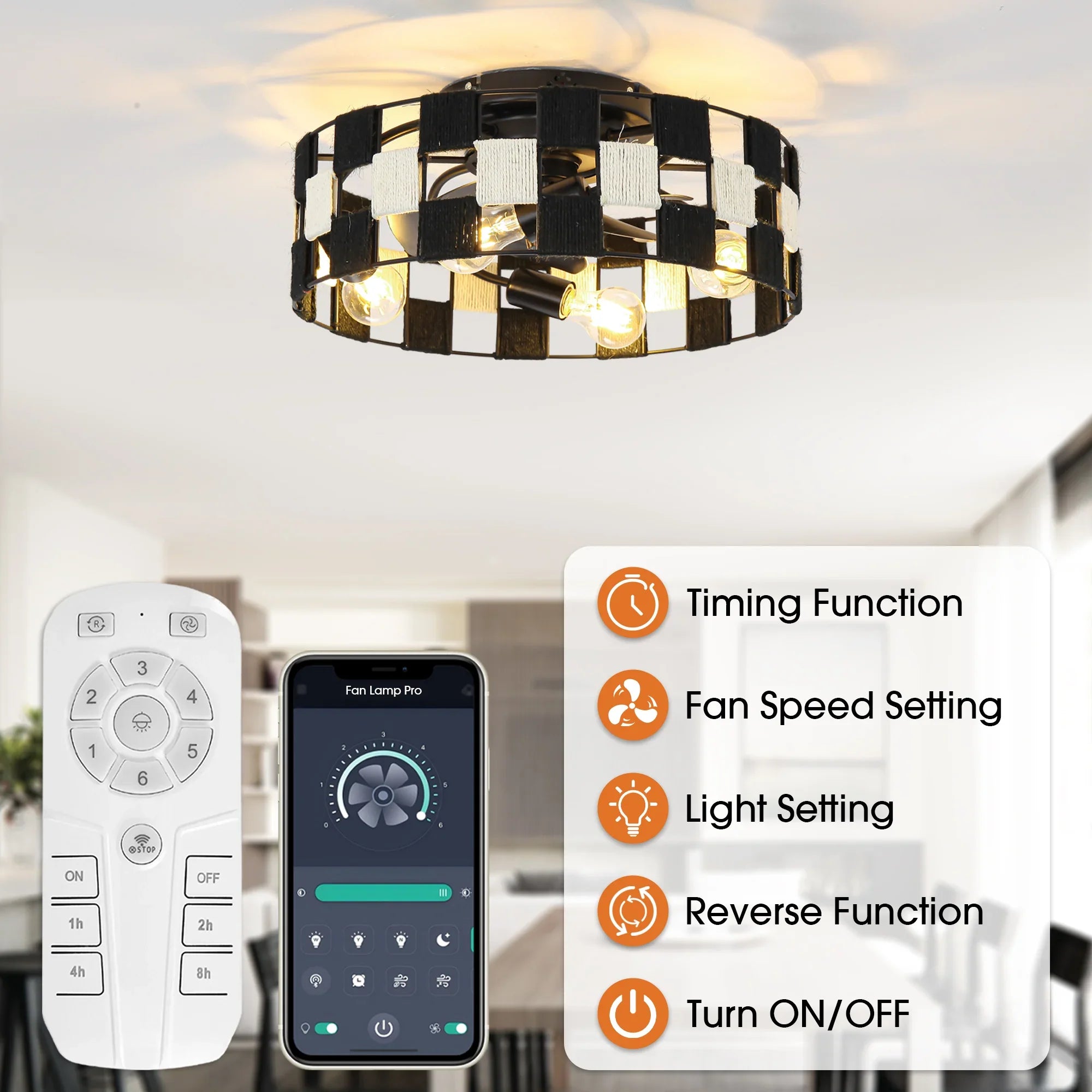 18 Inch Black Industrial Flush Mount Ceiling Fan with Light APP and Remote Control