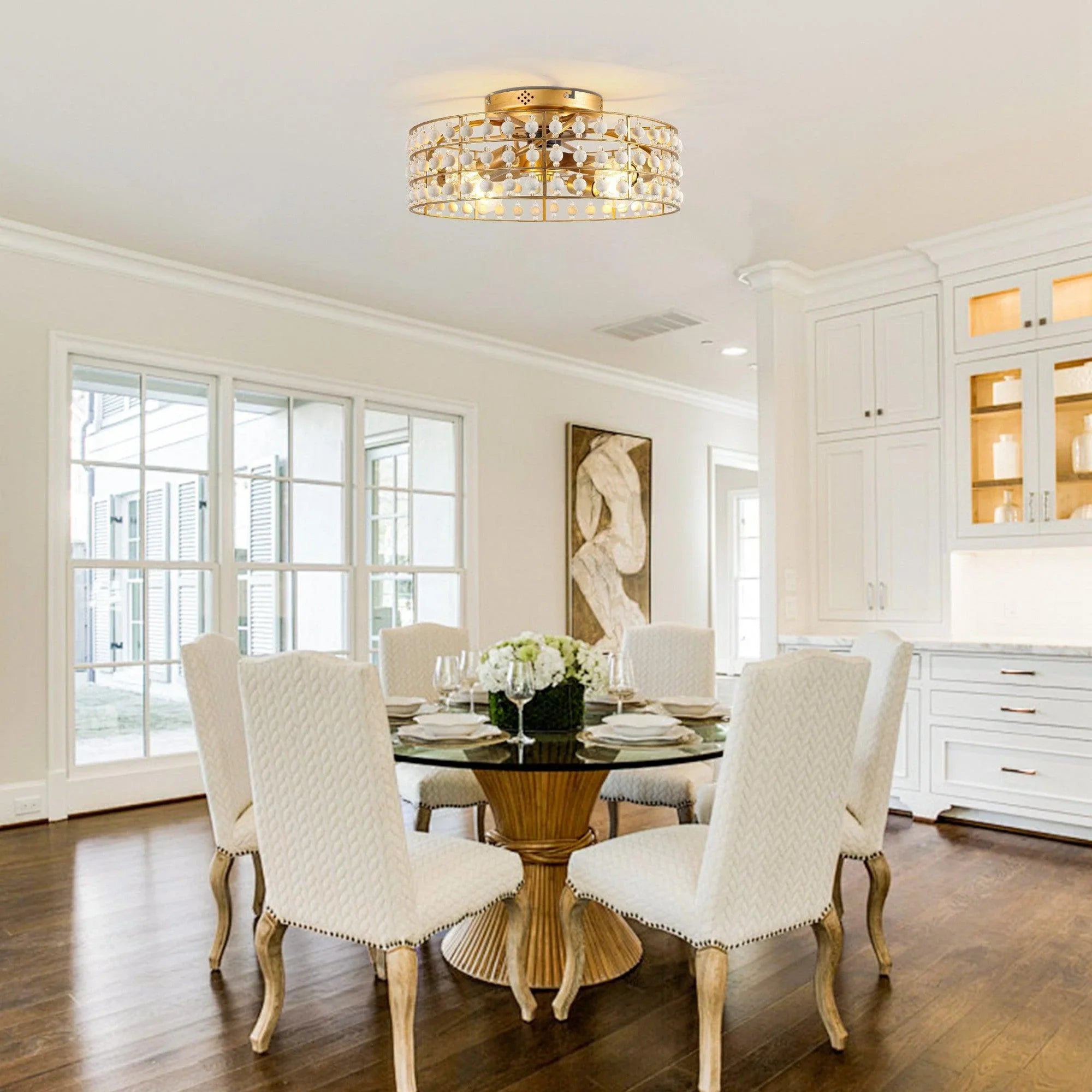 18 Inch Golden Farmhouse Wooden Beads Flush Mount Ceiling Fan with APP and Remote Control