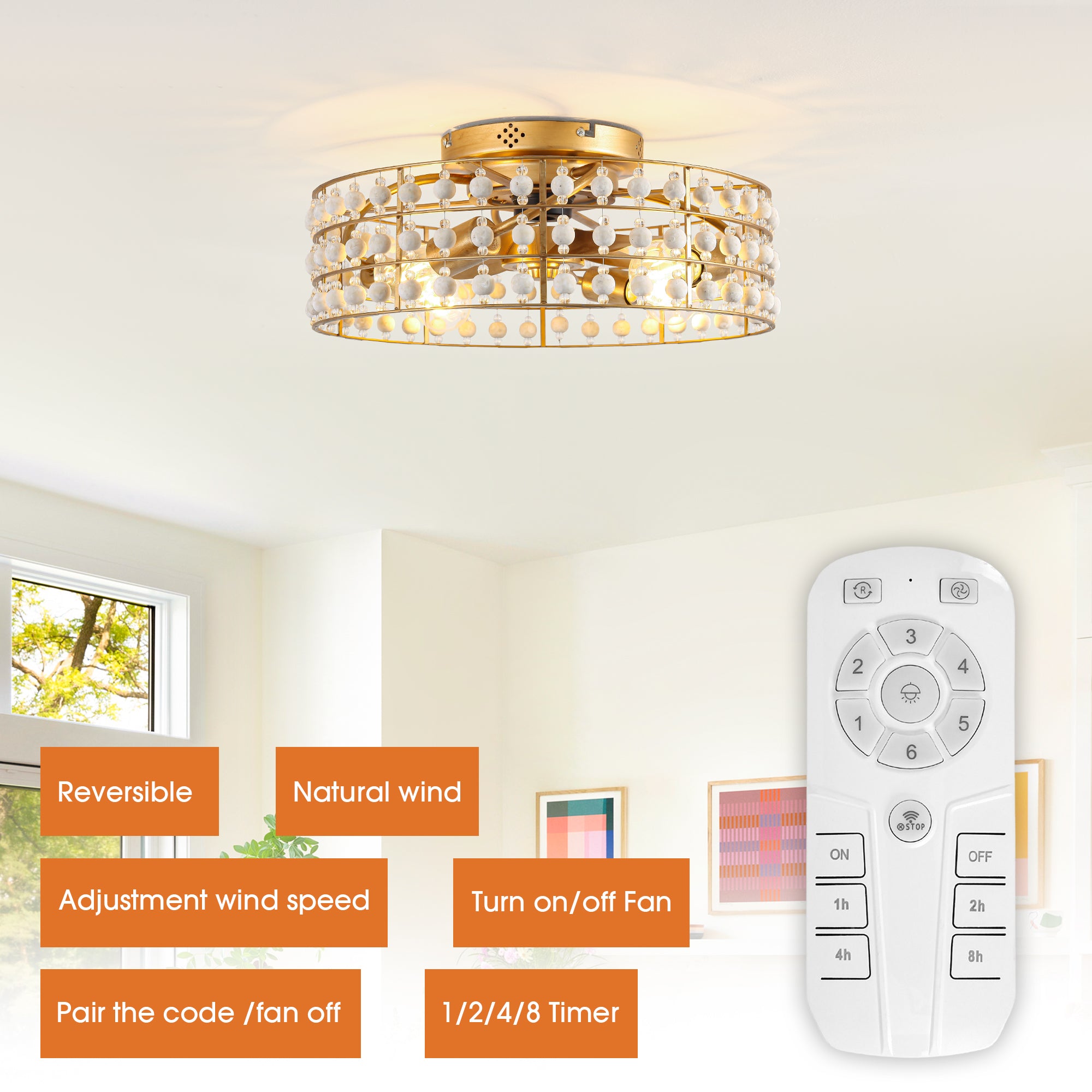 18 Inch Golden Farmhouse Wooden Beads Flush Mount Ceiling Fan with APP and Remote Control