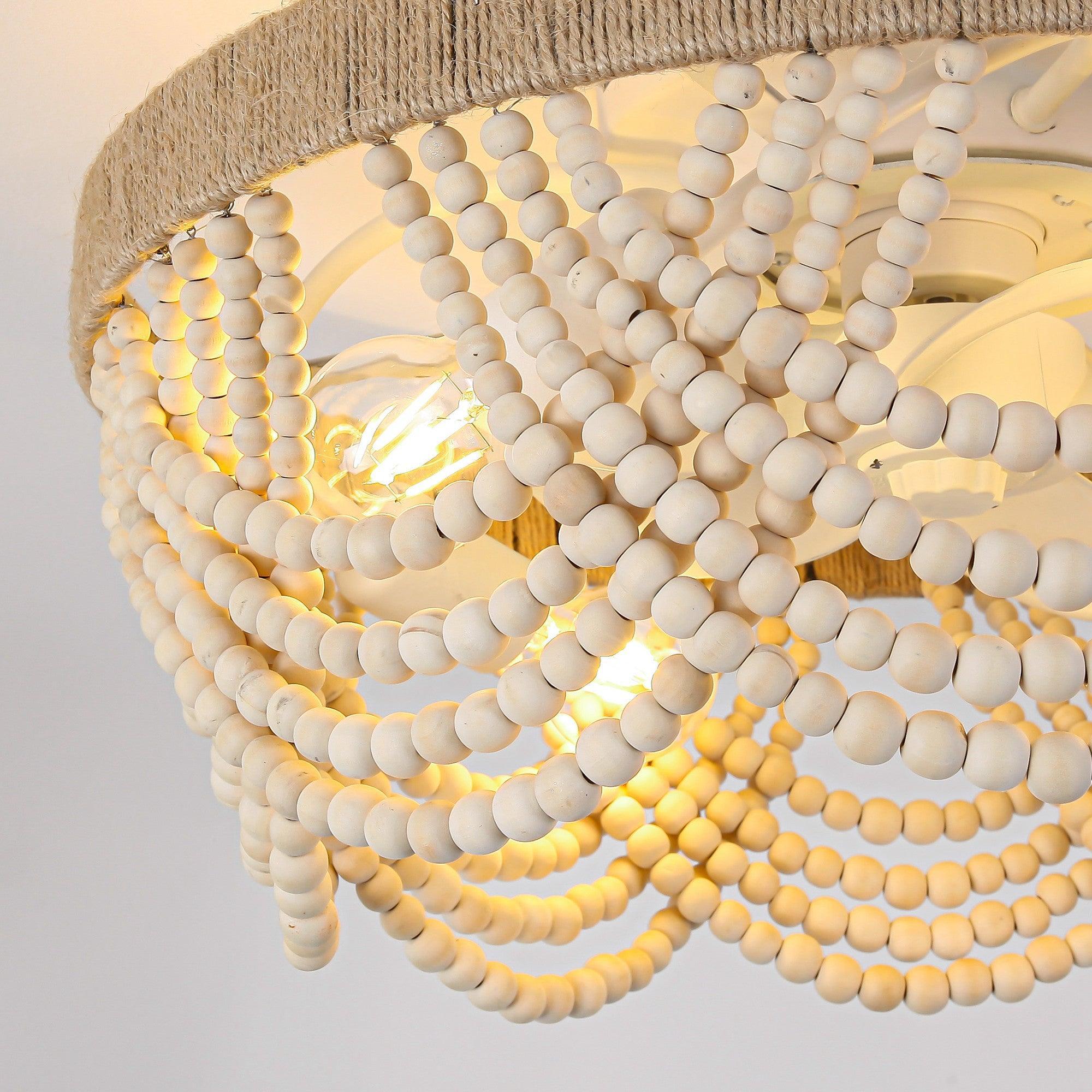 Ventilador de techo empotrado de 20 pulgadas con cuentas de madera de granja blanca, control remoto por aplicación e iluminación.