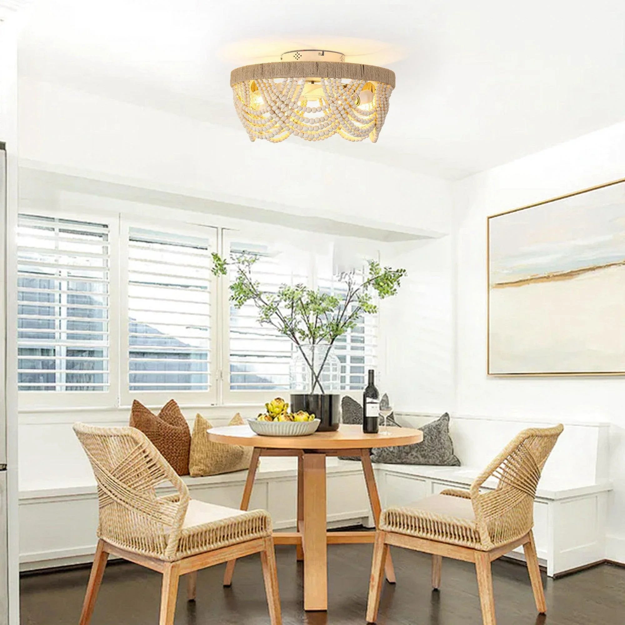 20 Inch White Farmhouse Handmade Wooden Beads Flush Mount Ceiling Fan with APP Remote Control and Lighting