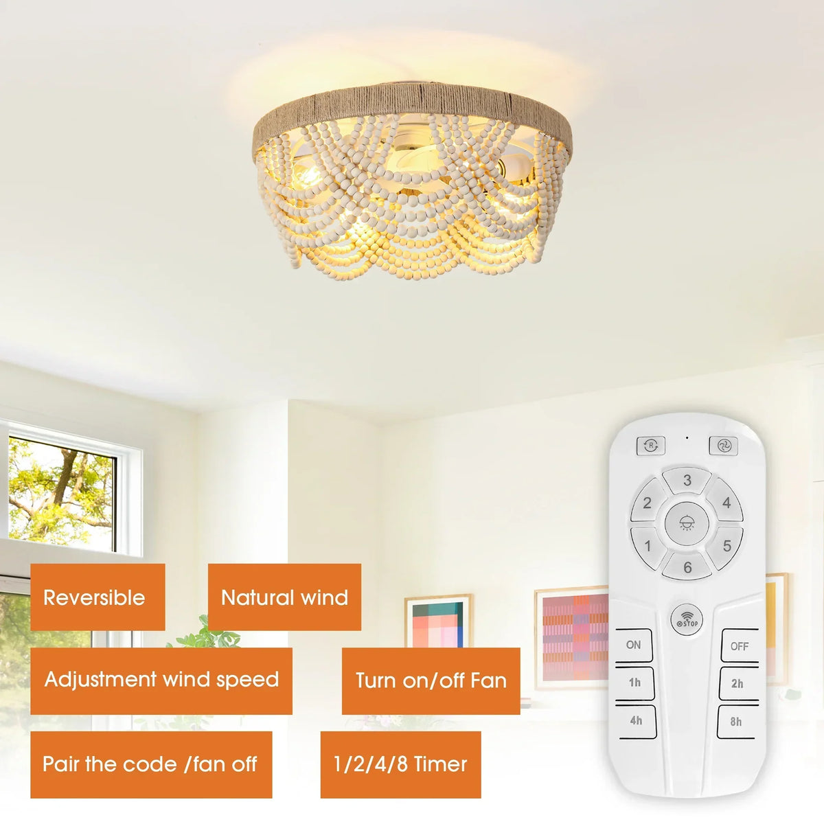 20 Inch White Farmhouse Handmade Wooden Beads Flush Mount Ceiling Fan with APP Remote Control and Lighting