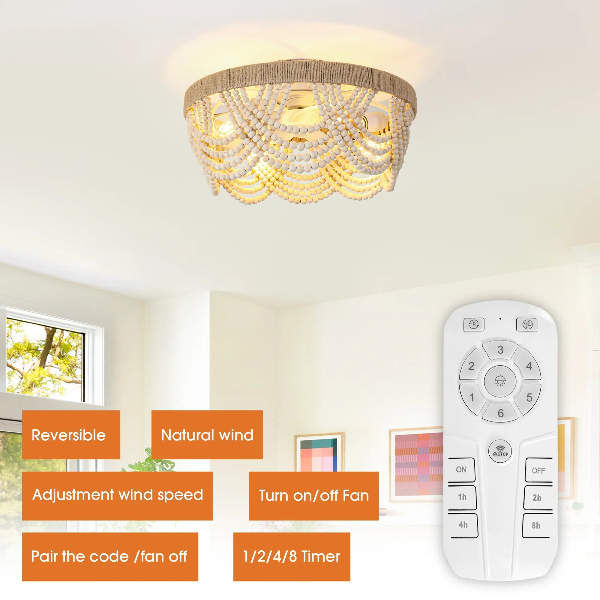 Ventilador de techo empotrado de 20 pulgadas con cuentas de madera de granja blanca, control remoto por aplicación e iluminación.
