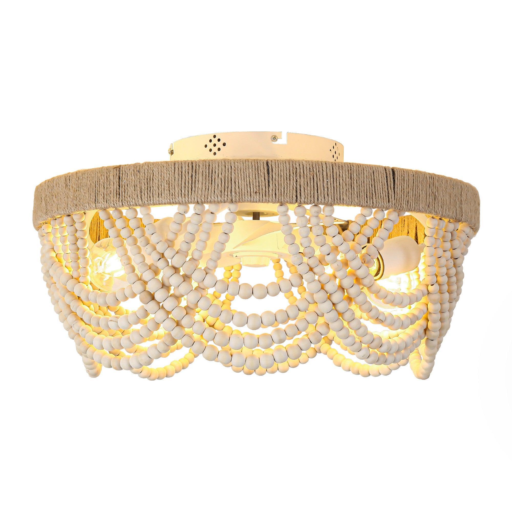 Ventilador de techo empotrado de 20 pulgadas con cuentas de madera de granja blanca, control remoto por aplicación e iluminación.