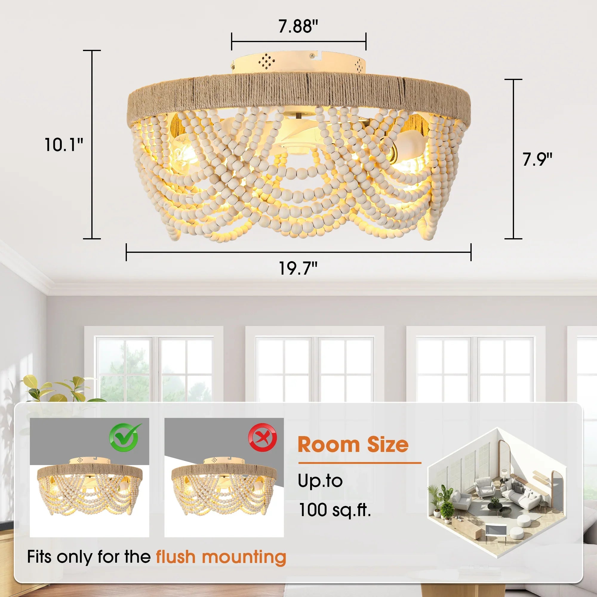 Ventilador de techo empotrado de 20 pulgadas con cuentas de madera de granja blanca, control remoto por aplicación e iluminación.