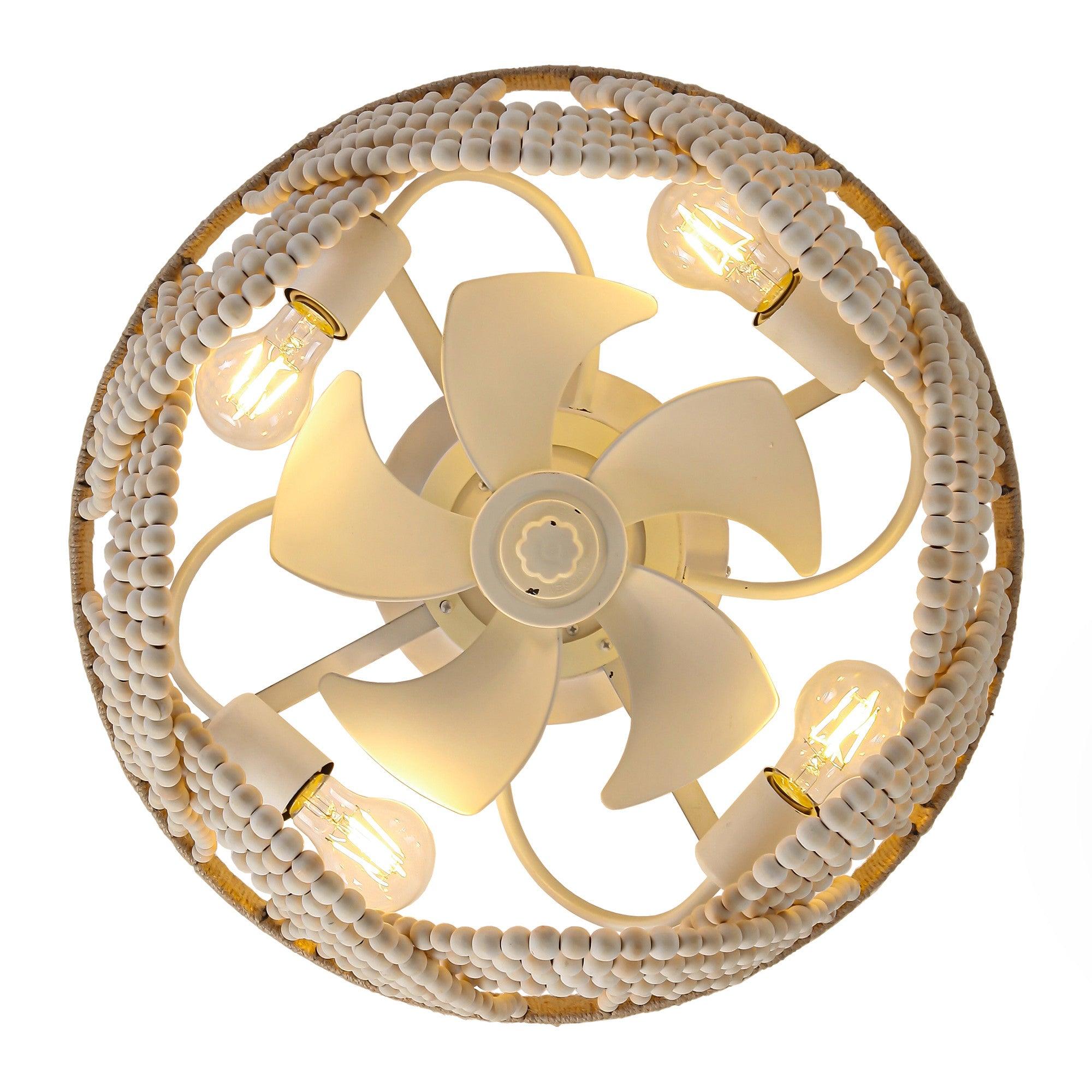 20 Inch White Farmhouse Handmade Wooden Beads Flush Mount Ceiling Fan with APP Remote Control and Lighting