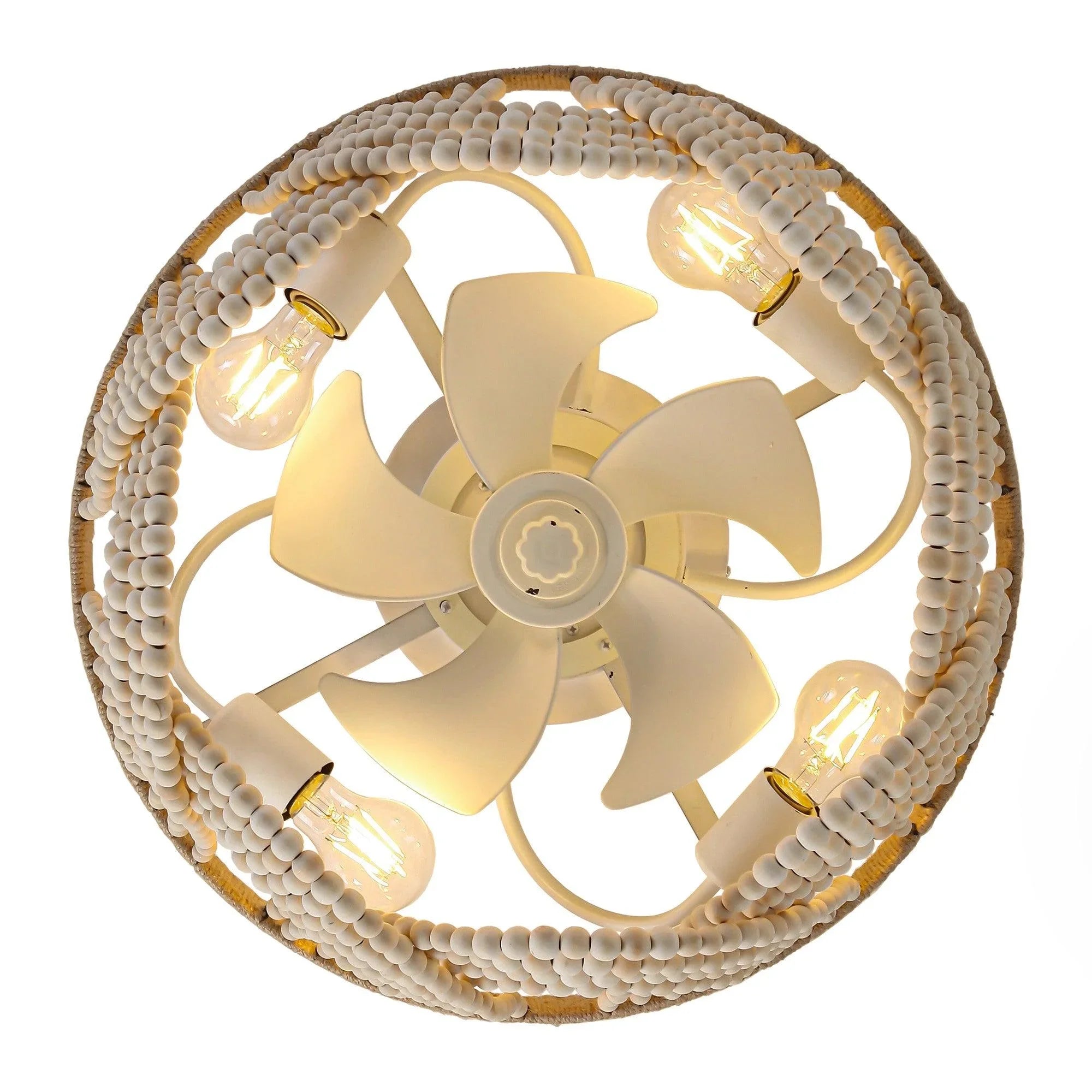 Ventilador de techo empotrado de 20 pulgadas con cuentas de madera de granja blanca, control remoto por aplicación e iluminación.