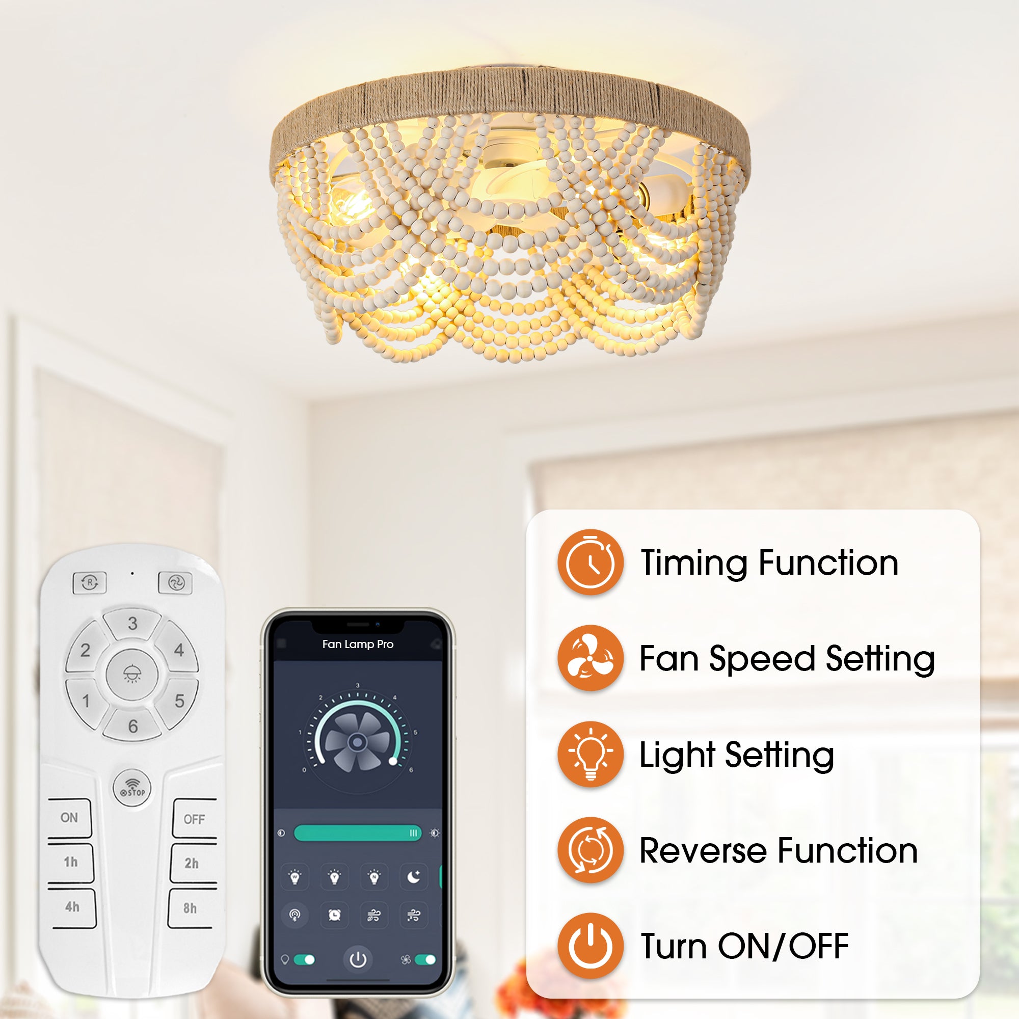 20 Inch White Farmhouse Handmade Wooden Beads Flush Mount Ceiling Fan with APP Remote Control and Lighting