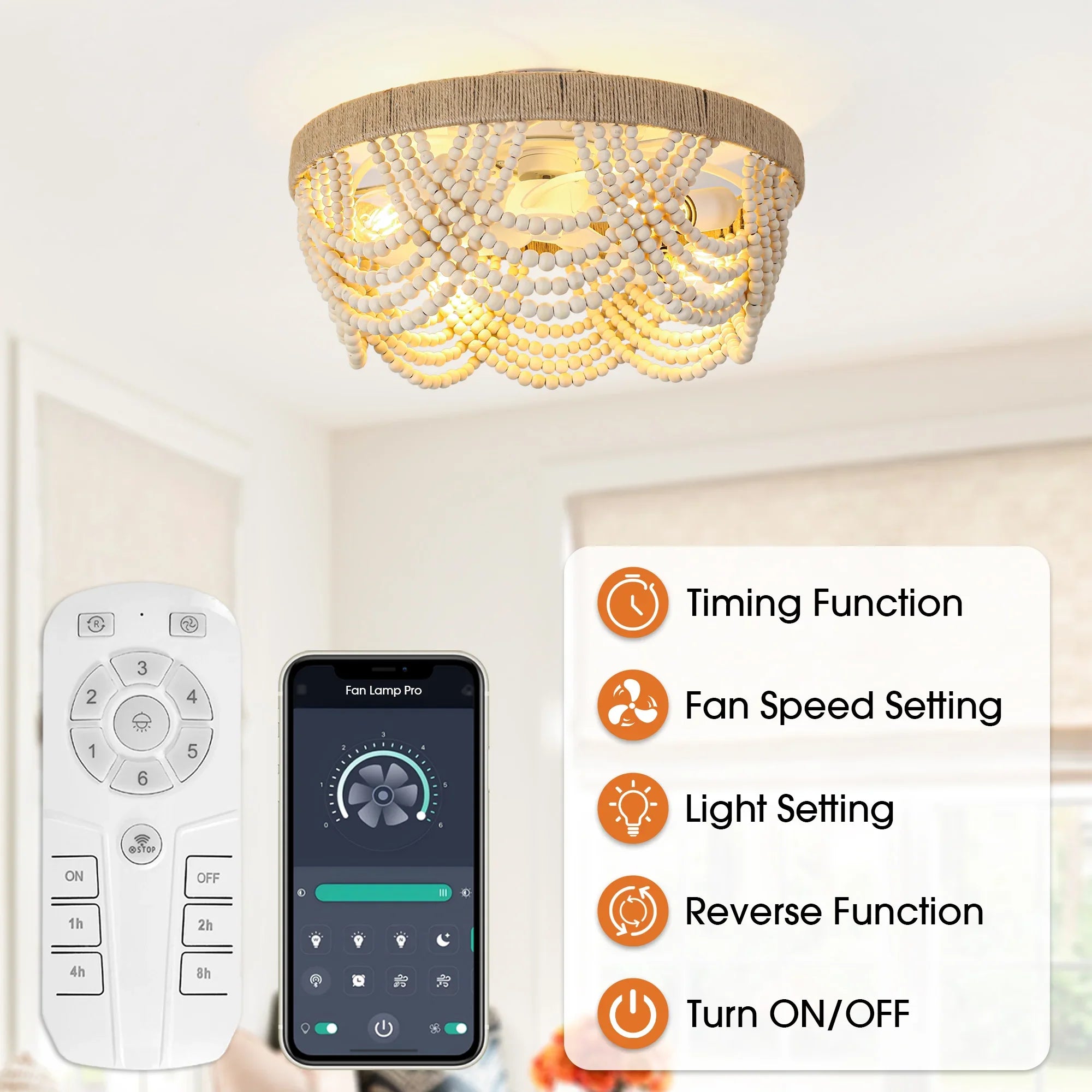 Ventilador de techo empotrado de 20 pulgadas con cuentas de madera de granja blanca, control remoto por aplicación e iluminación.