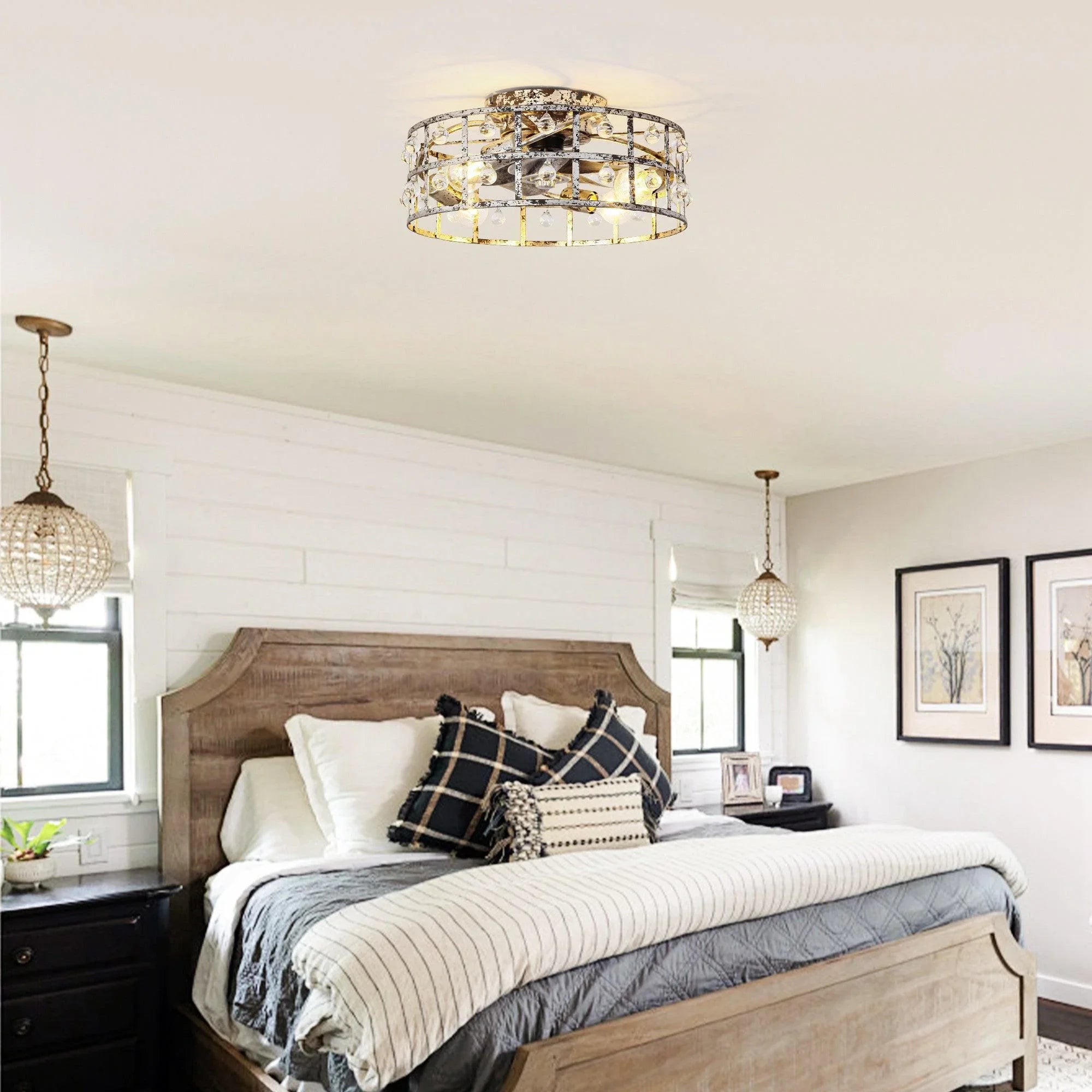 18 Inch Retro Silver Crystal Flush Mount Ceiling Fan with APP Remote Control and Lighting