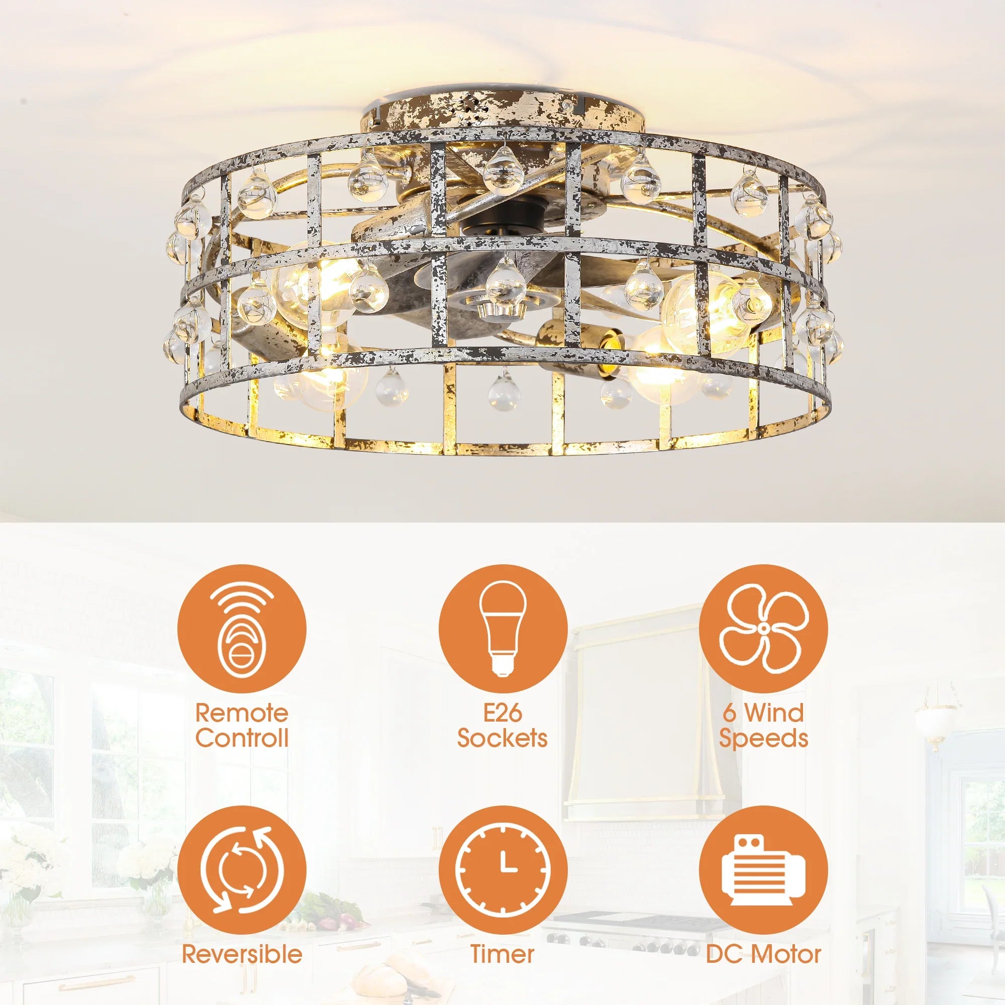 18 Inch Retro Silver Crystal Flush Mount Ceiling Fan with APP Remote Control and Lighting
