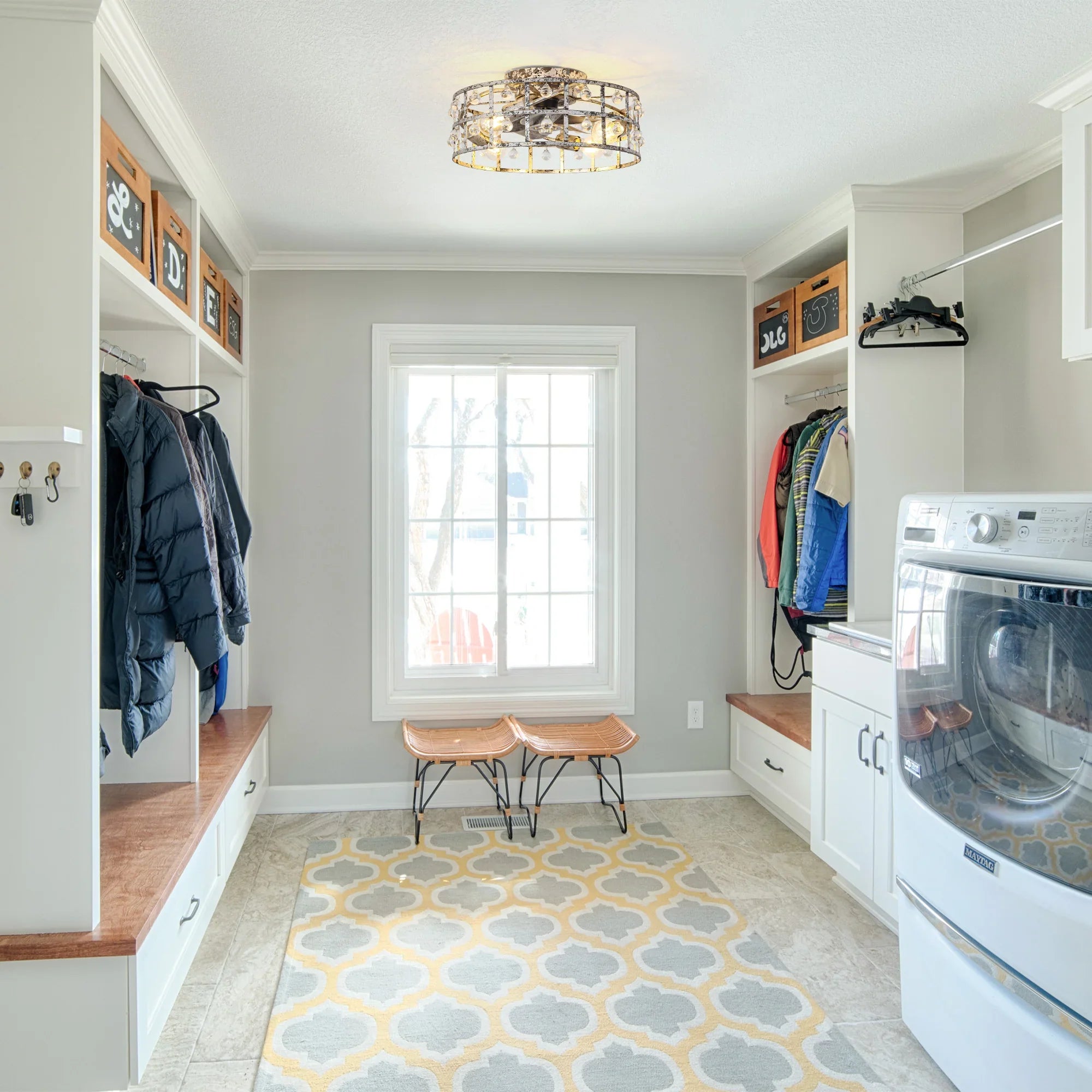 18 Inch Retro Silver Crystal Flush Mount Ceiling Fan with APP Remote Control and Lighting