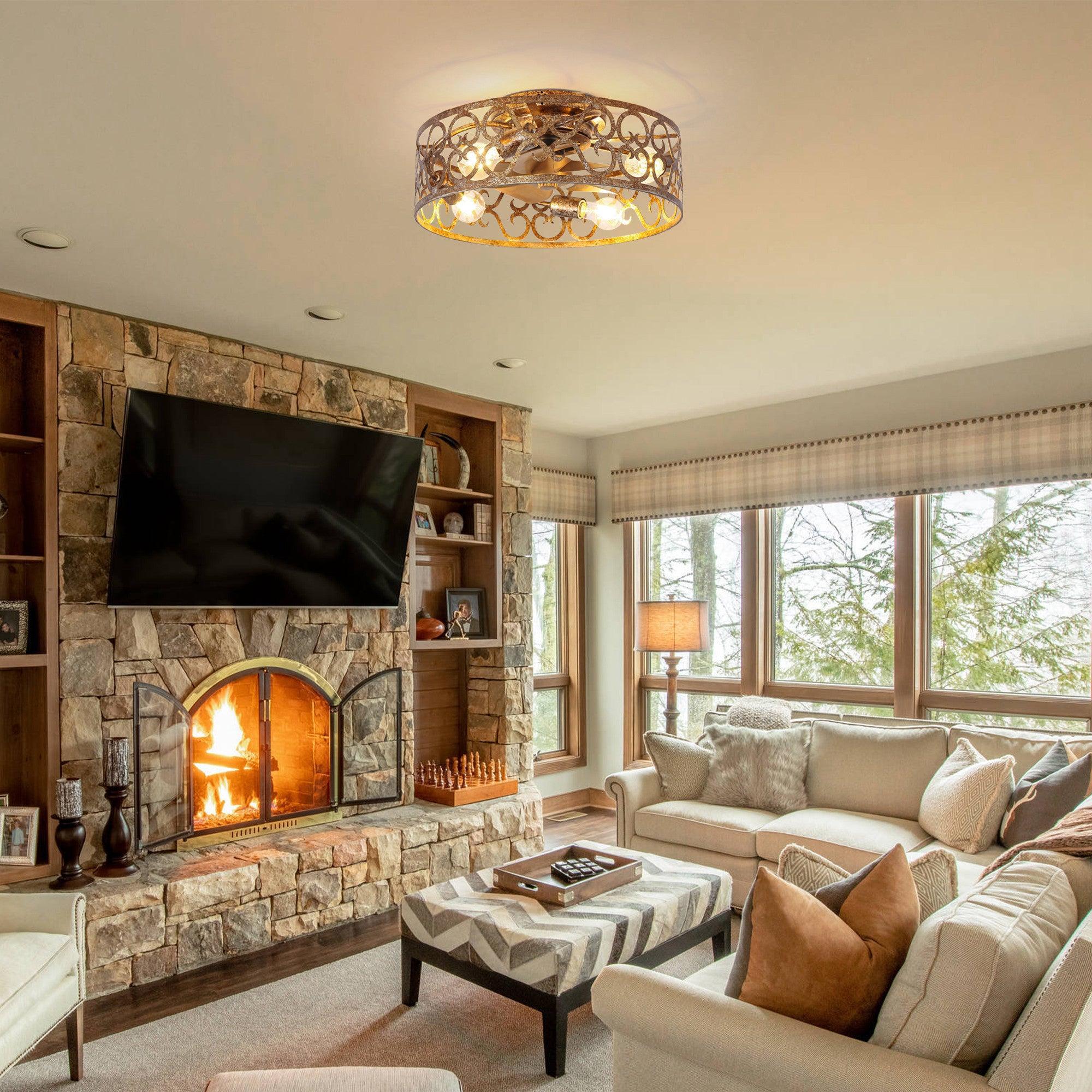 18 Inch Vintage Distressed Golden Industrial Flush Mount Ceiling Fan with Light APP and Remote Control