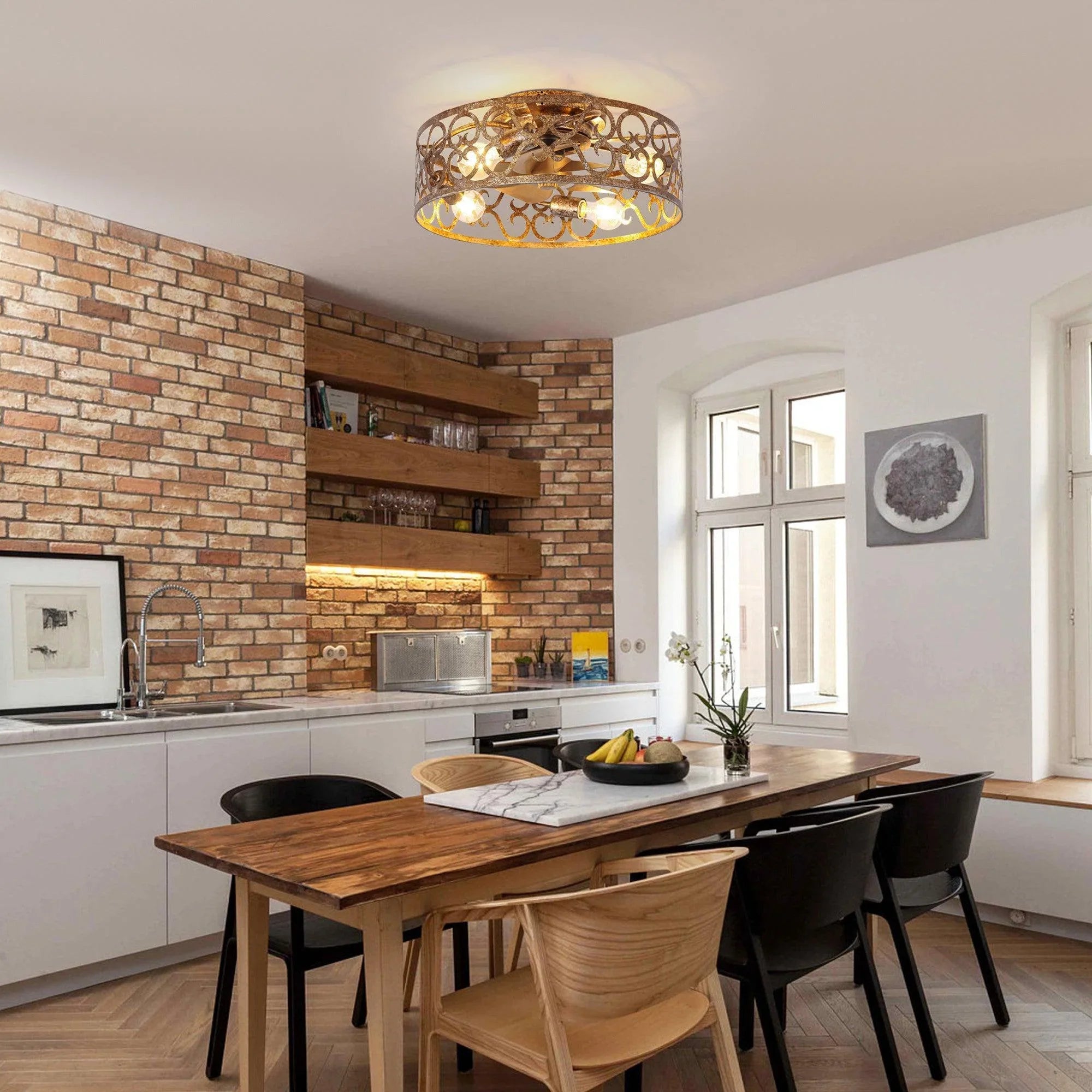 18 Inch Vintage Distressed Golden Industrial Flush Mount Ceiling Fan with Light APP and Remote Control