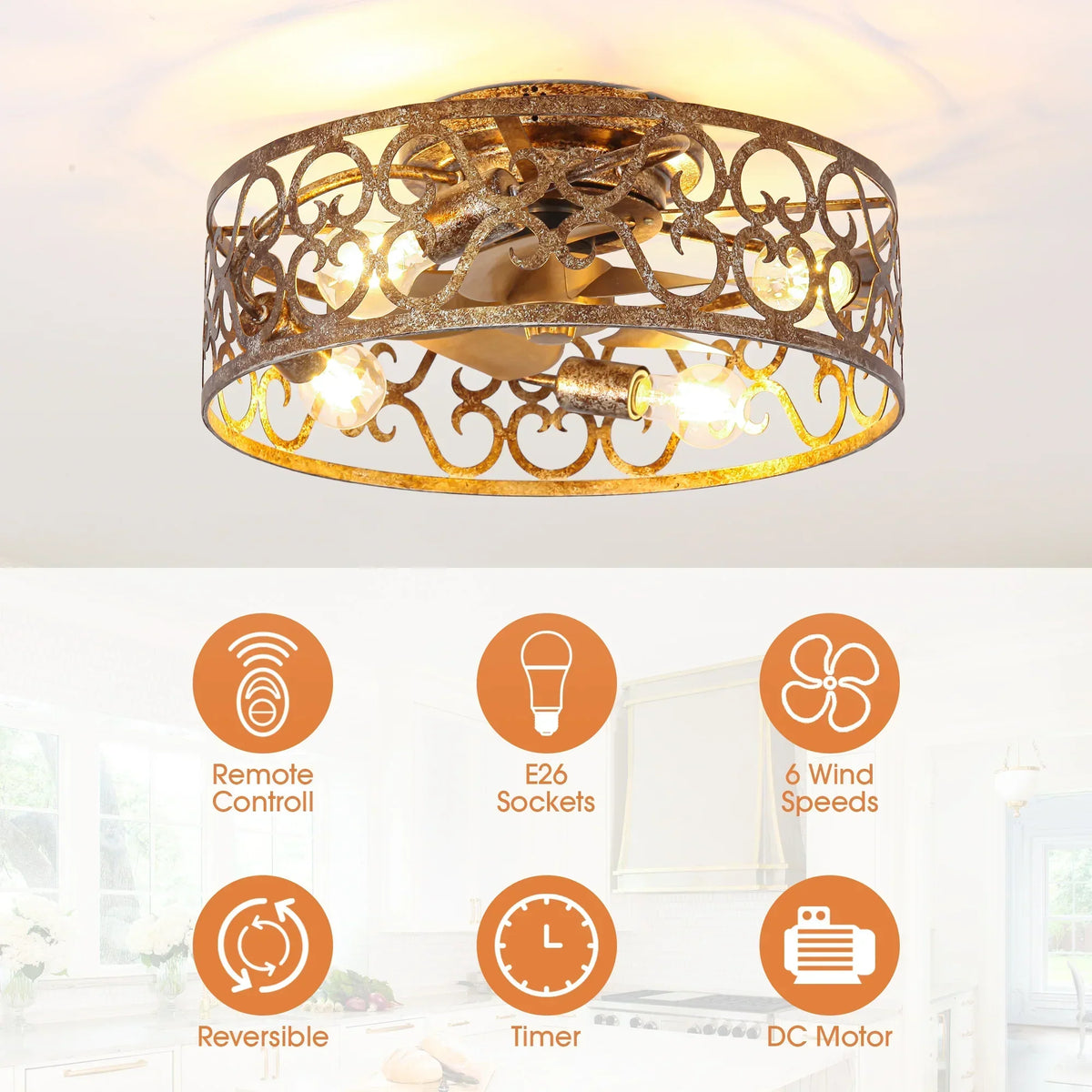 18 Inch Vintage Distressed Golden Industrial Flush Mount Ceiling Fan with Light APP and Remote Control