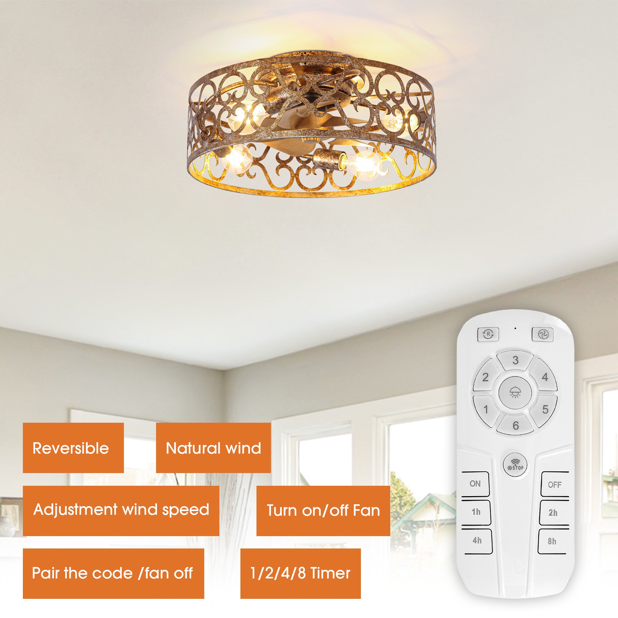 18 Inch Vintage Distressed Golden Industrial Flush Mount Ceiling Fan with Light APP and Remote Control
