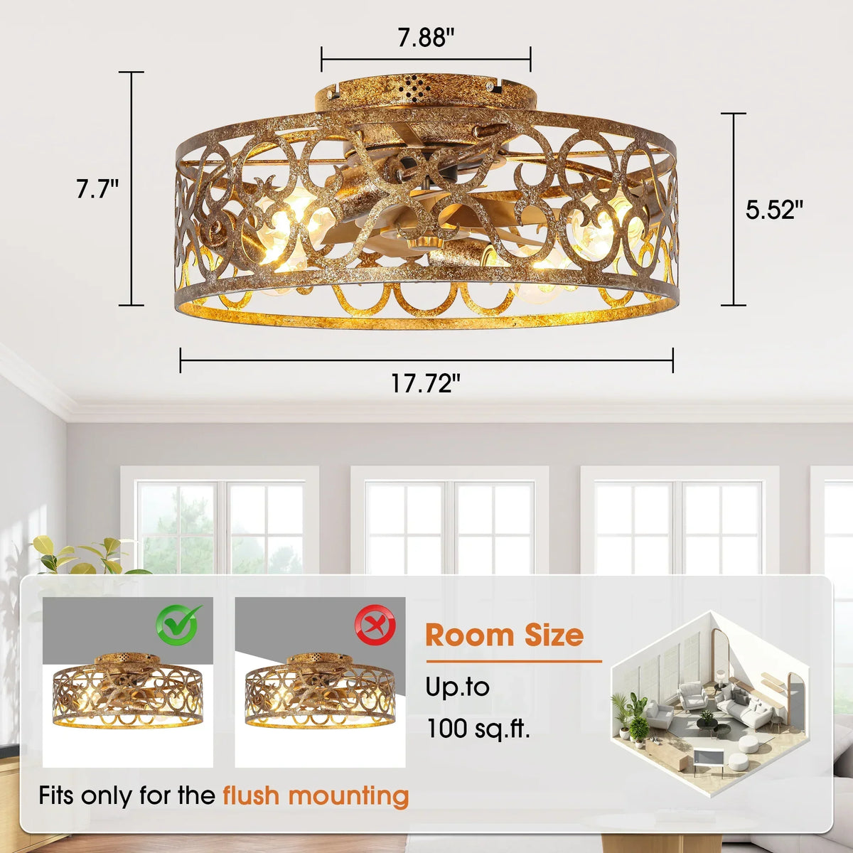 18 Inch Vintage Distressed Golden Industrial Flush Mount Ceiling Fan with Light APP and Remote Control