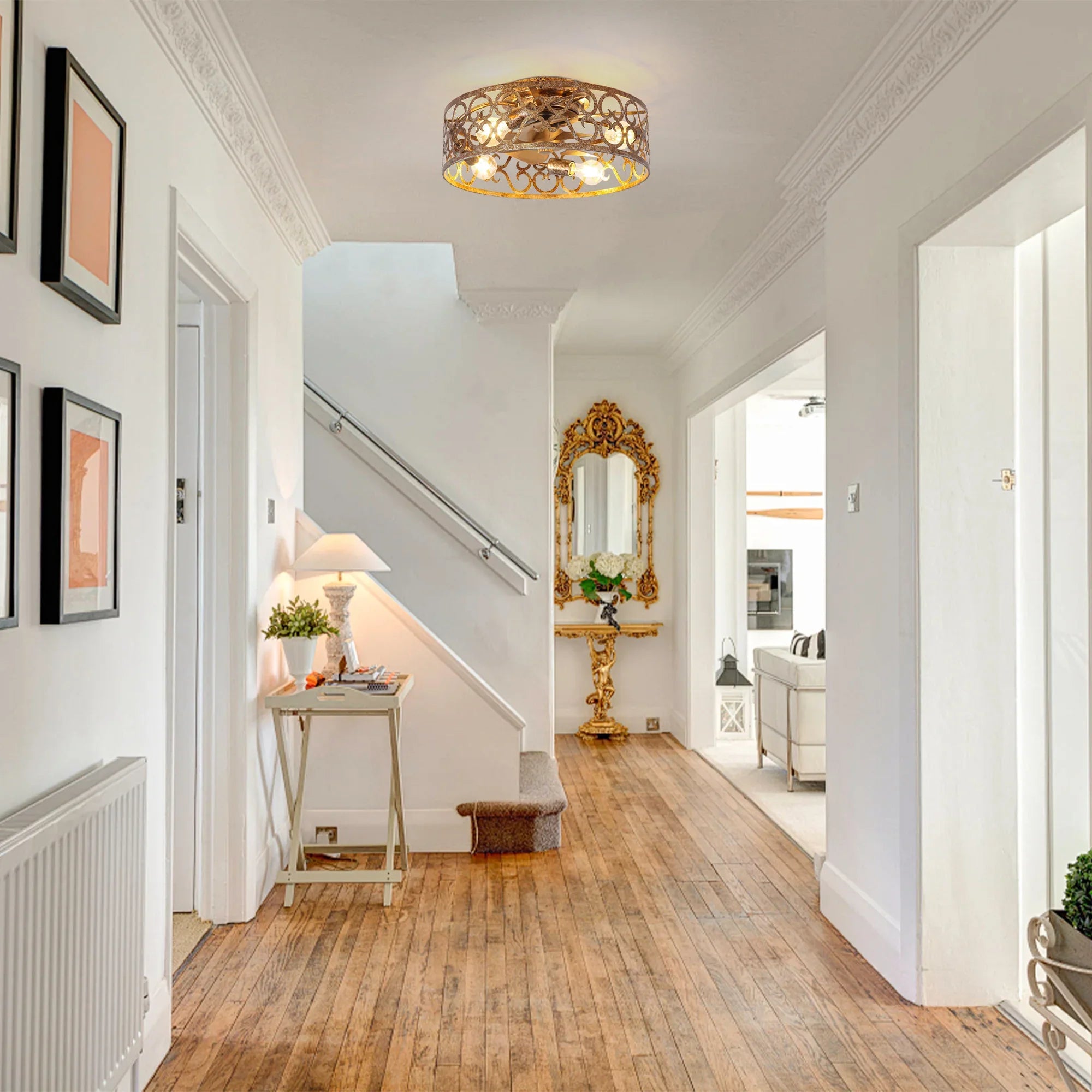 18 Inch Vintage Distressed Golden Industrial Flush Mount Ceiling Fan with Light APP and Remote Control