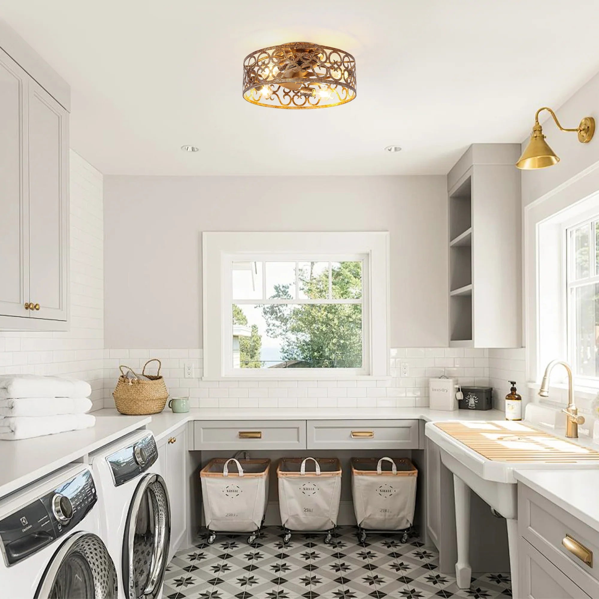 18 Inch Vintage Distressed Golden Industrial Flush Mount Ceiling Fan with Light APP and Remote Control