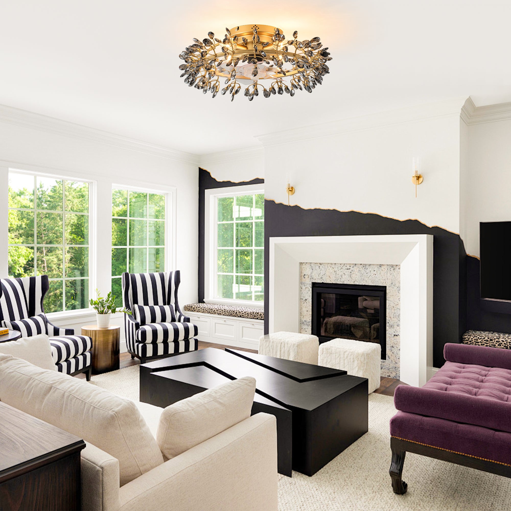 23" Clara Golden Crystal Flush Mount Ceiling Fan with Light and Remote