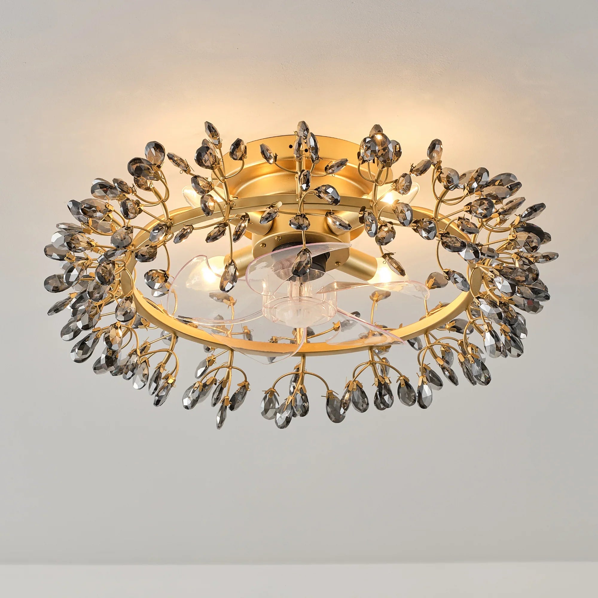 23" Clara Golden Crystal Flush Mount Ceiling Fan with Light and Remote