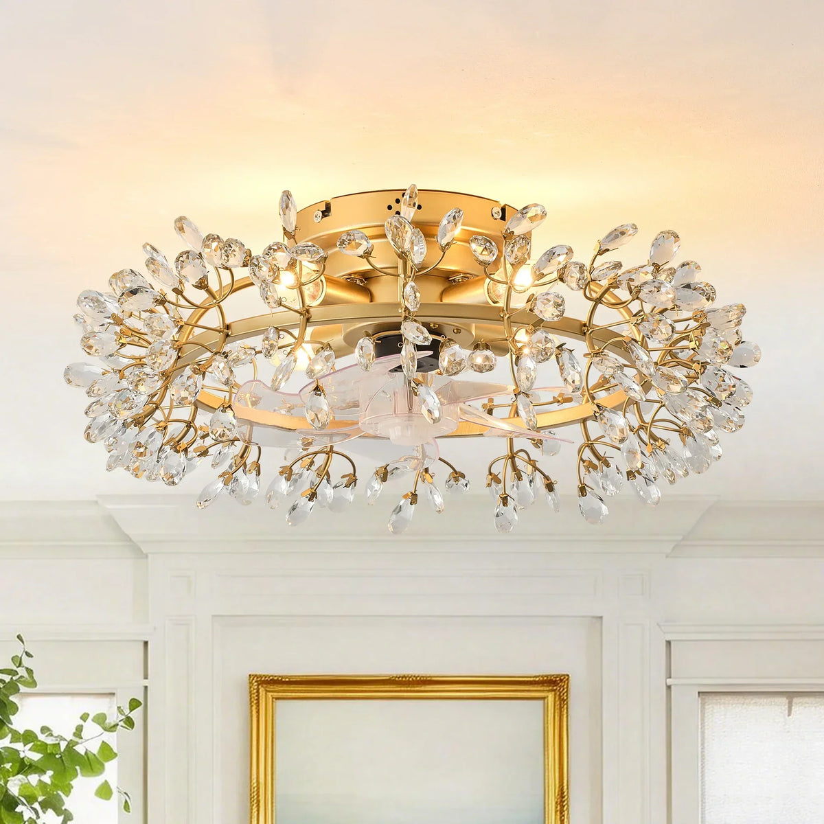 23" Clara Golden Crystal Flush Mount Ceiling Fan with Light and Remote