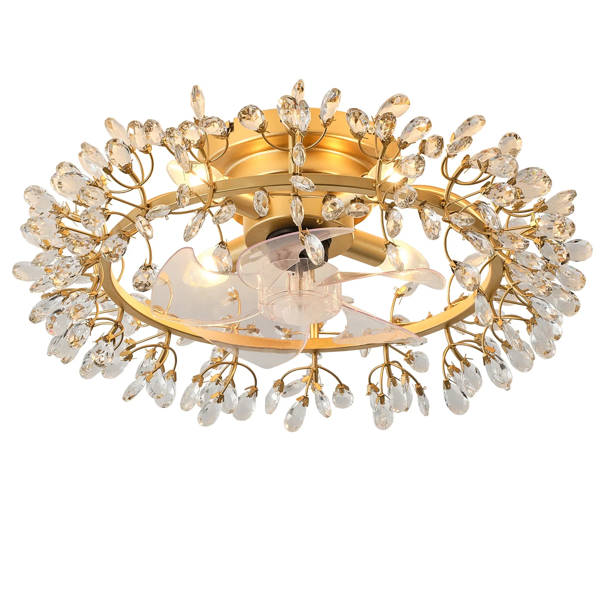23" Clara Golden Crystal Flush Mount Ceiling Fan with Light and Remote