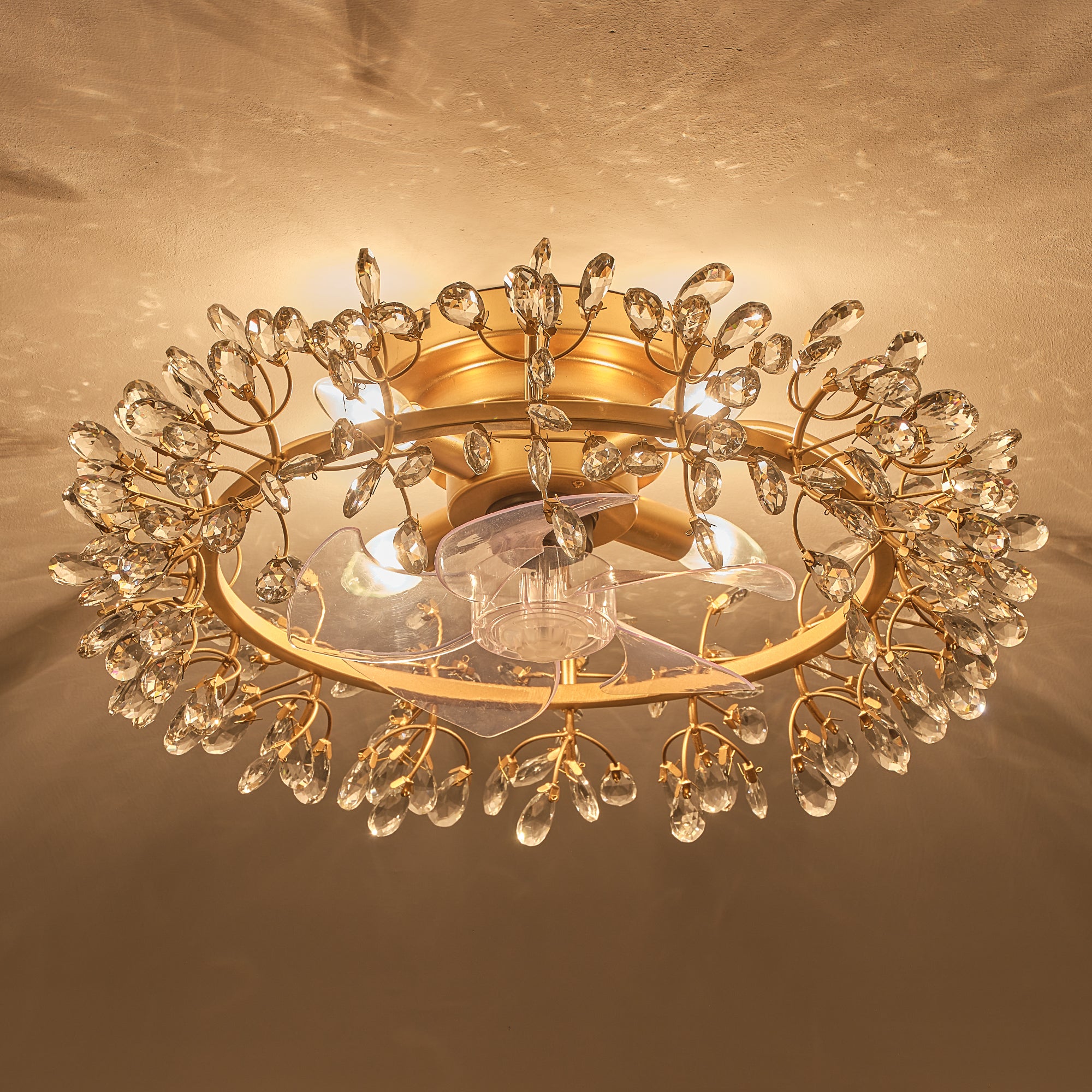 23" Clara Golden Crystal Flush Mount Ceiling Fan with Light and Remote