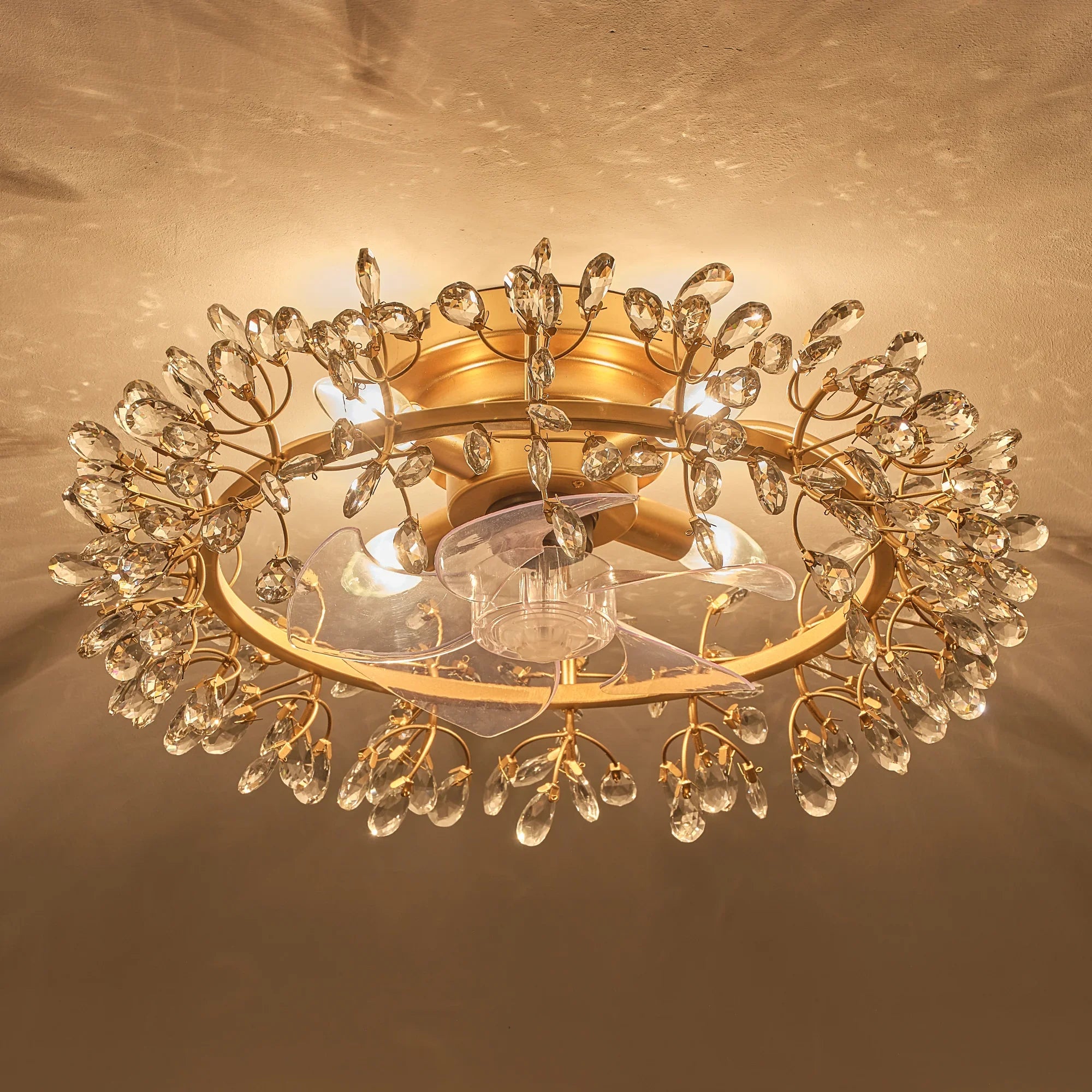 23" Clara Golden Crystal Flush Mount Ceiling Fan with Light and Remote