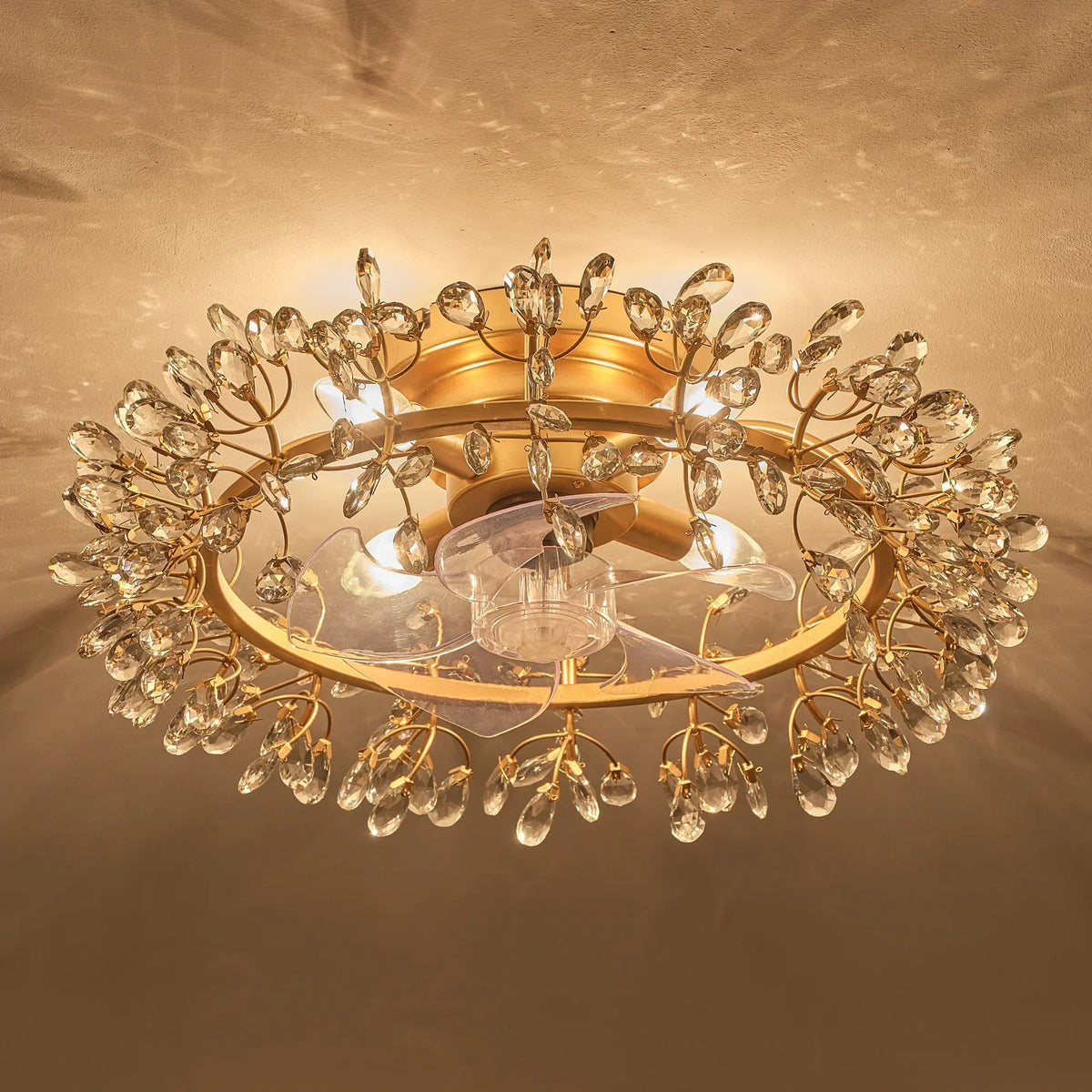 23" Clara Golden Crystal Flush Mount Ceiling Fan with Light and Remote