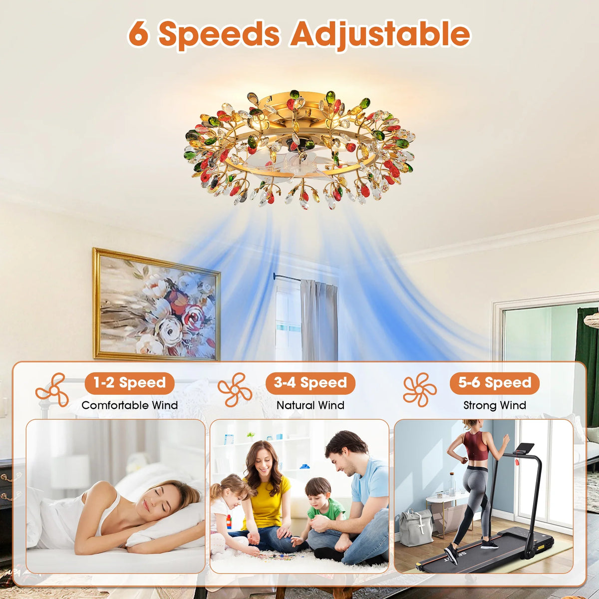 23" Clara Golden Crystal Flush Mount Ceiling Fan with Light and Remote