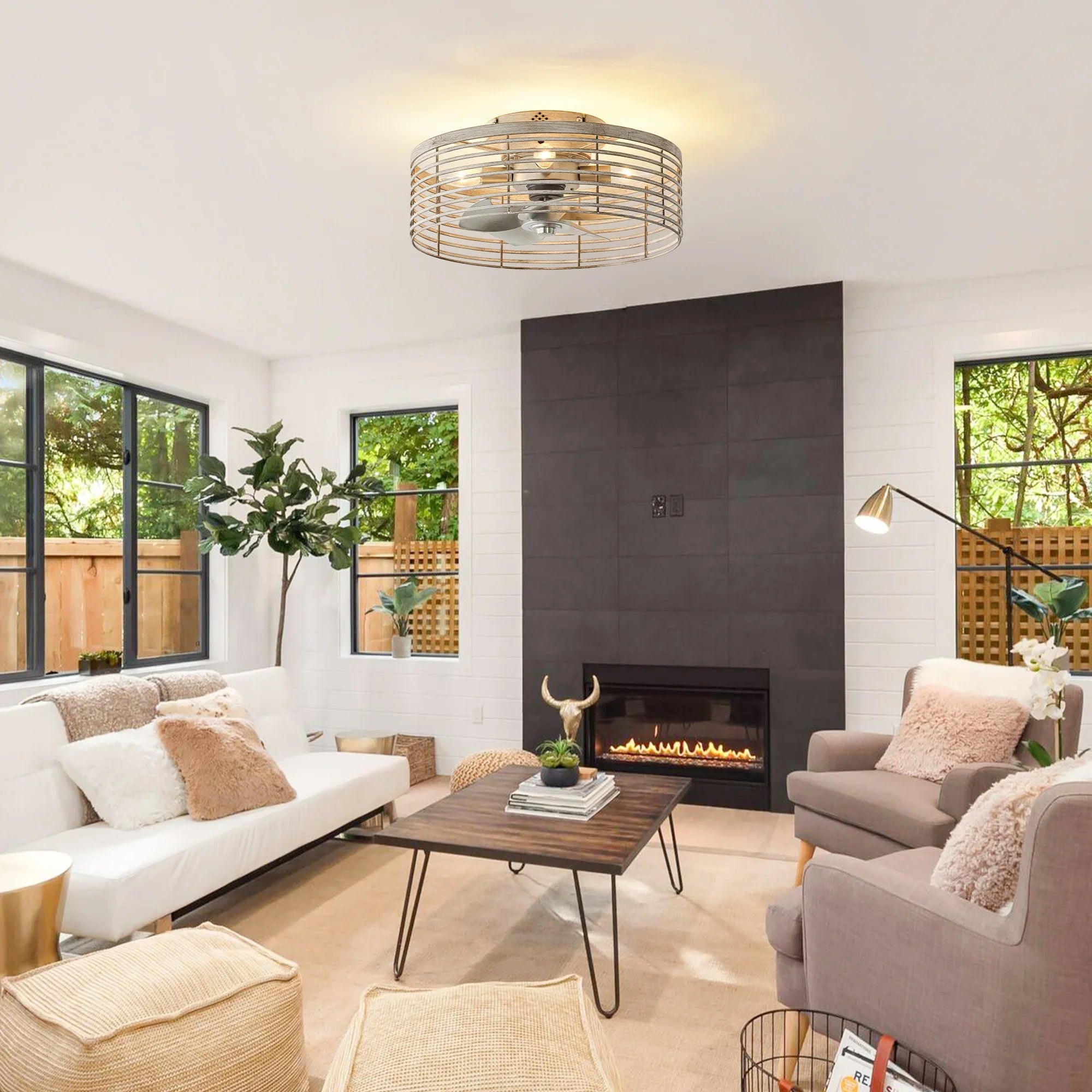 18" Ralap Distressed White Flush Mount Ceiling Fan with Light