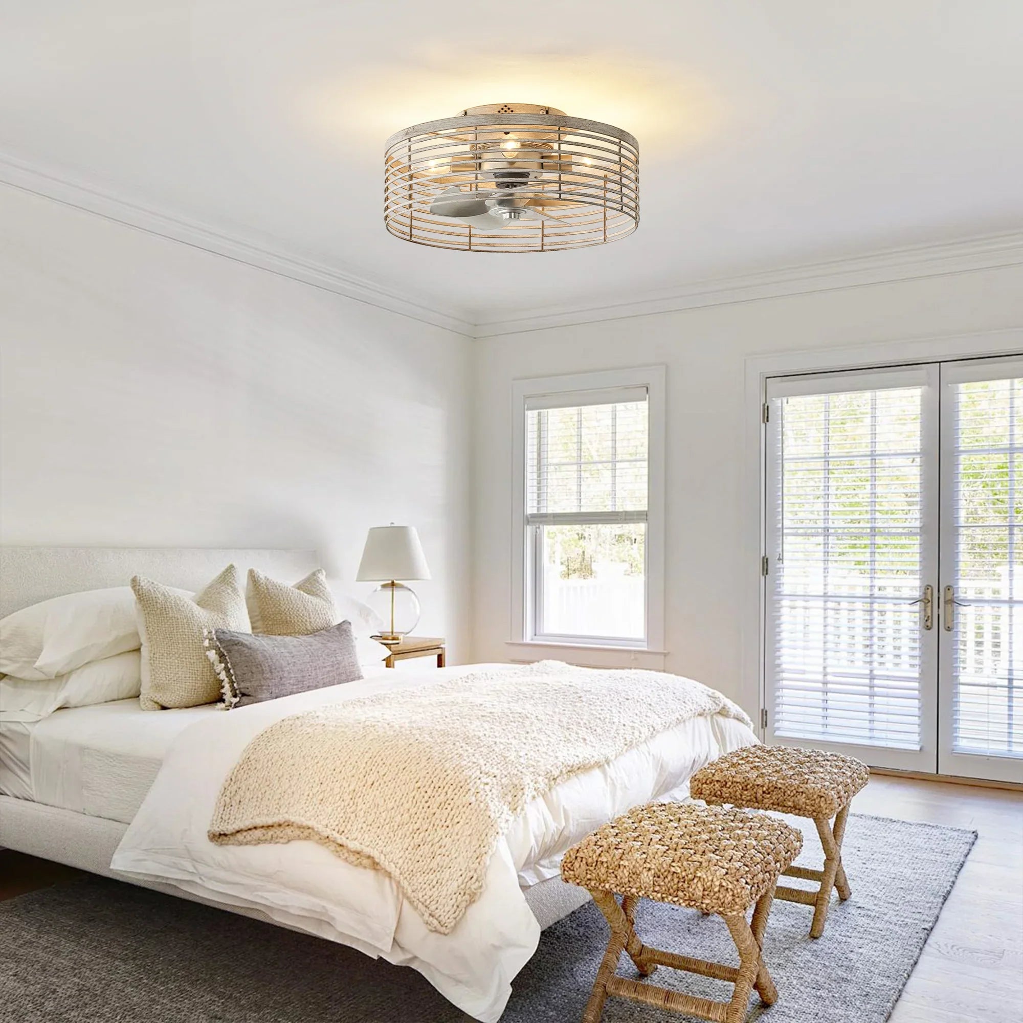 18" Ralap Distressed White Flush Mount Ceiling Fan with Light