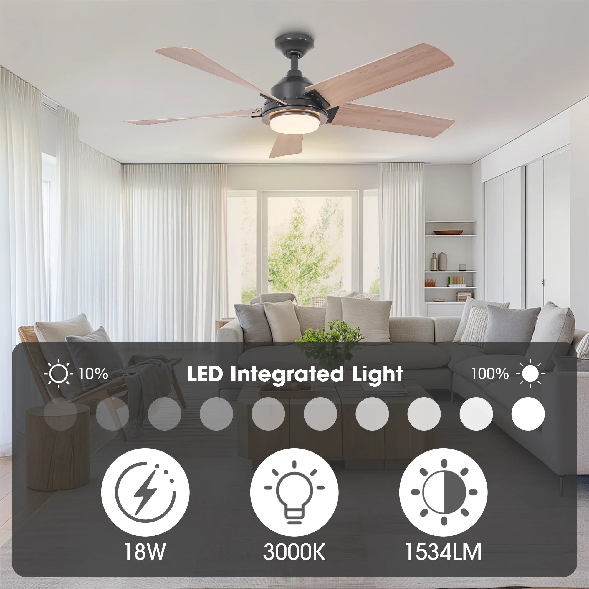 52 Inch Vita Modern Downrod Mount LED Ceiling Fan with Remote Control