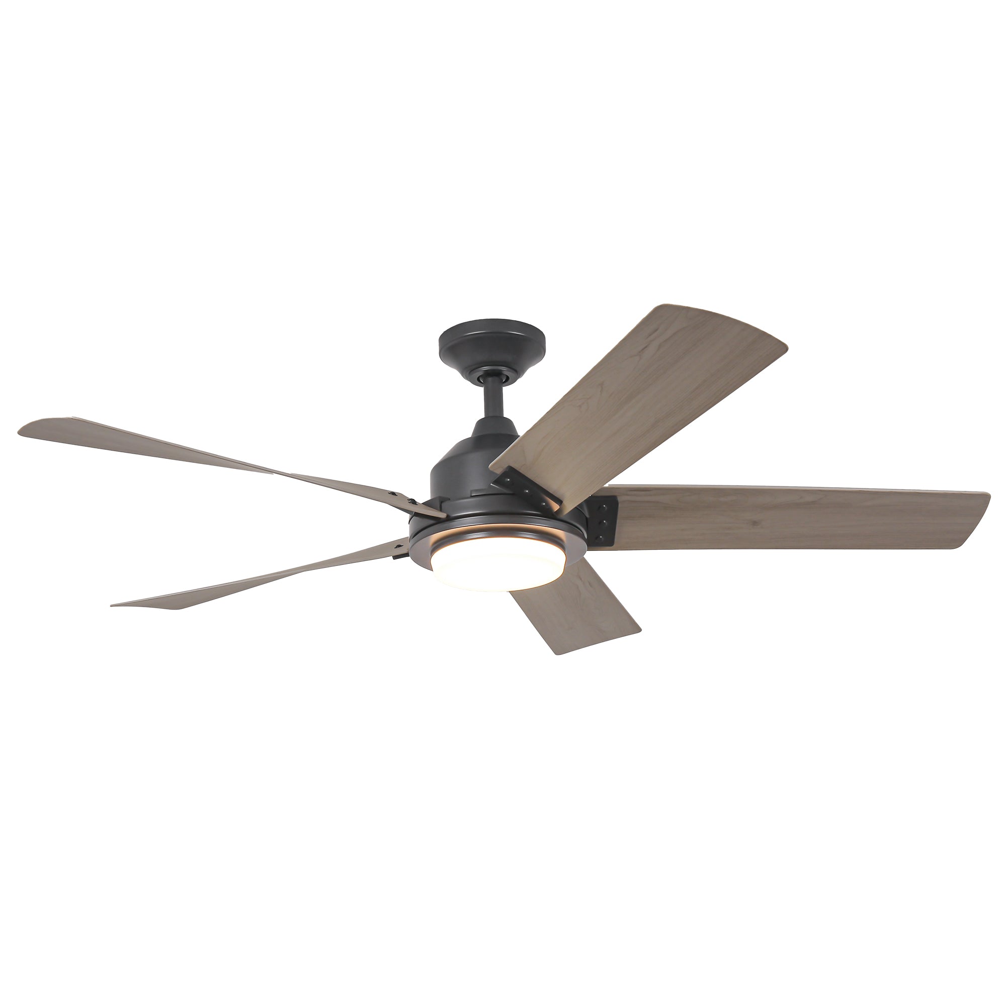 Modern ceiling fan with wood-grain blades and integrated LED light kit