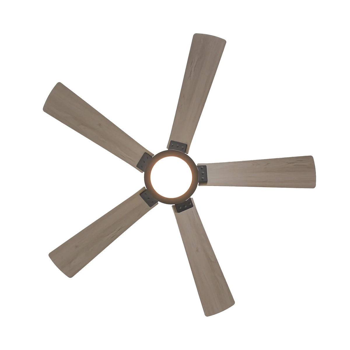 A modern five-blade wooden ceiling fan with an integrated central light fixture.
