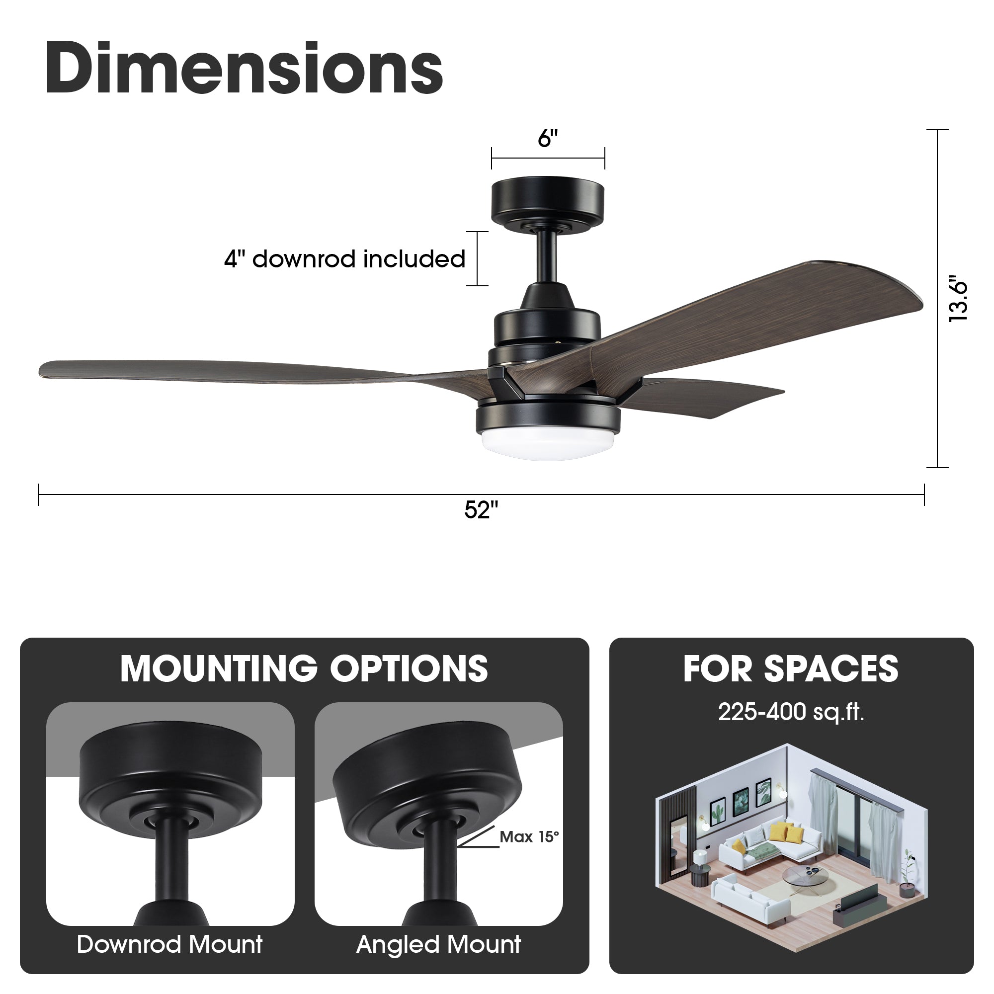 52 Inch Ivy Industrial Downrod Mount LED Ceiling Fan with Remote Control