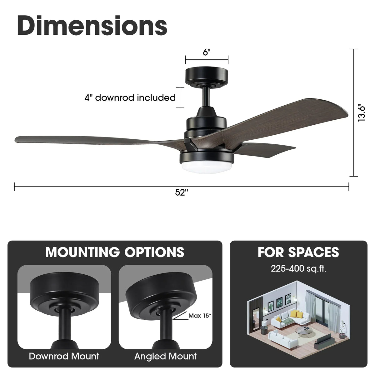 52 Inch Ivy Industrial Downrod Mount LED Ceiling Fan with Remote Control