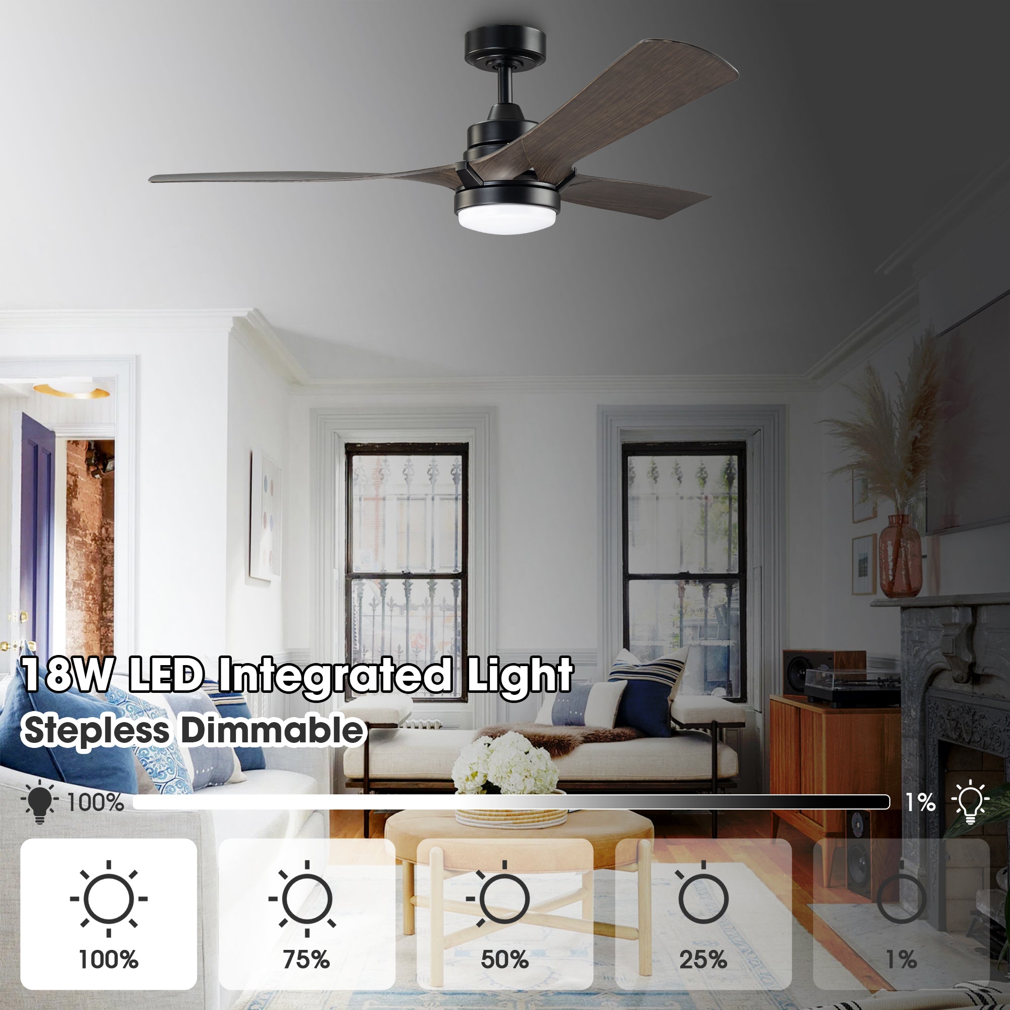 52 Inch Ivy Industrial Downrod Mount LED Ceiling Fan with Remote Control