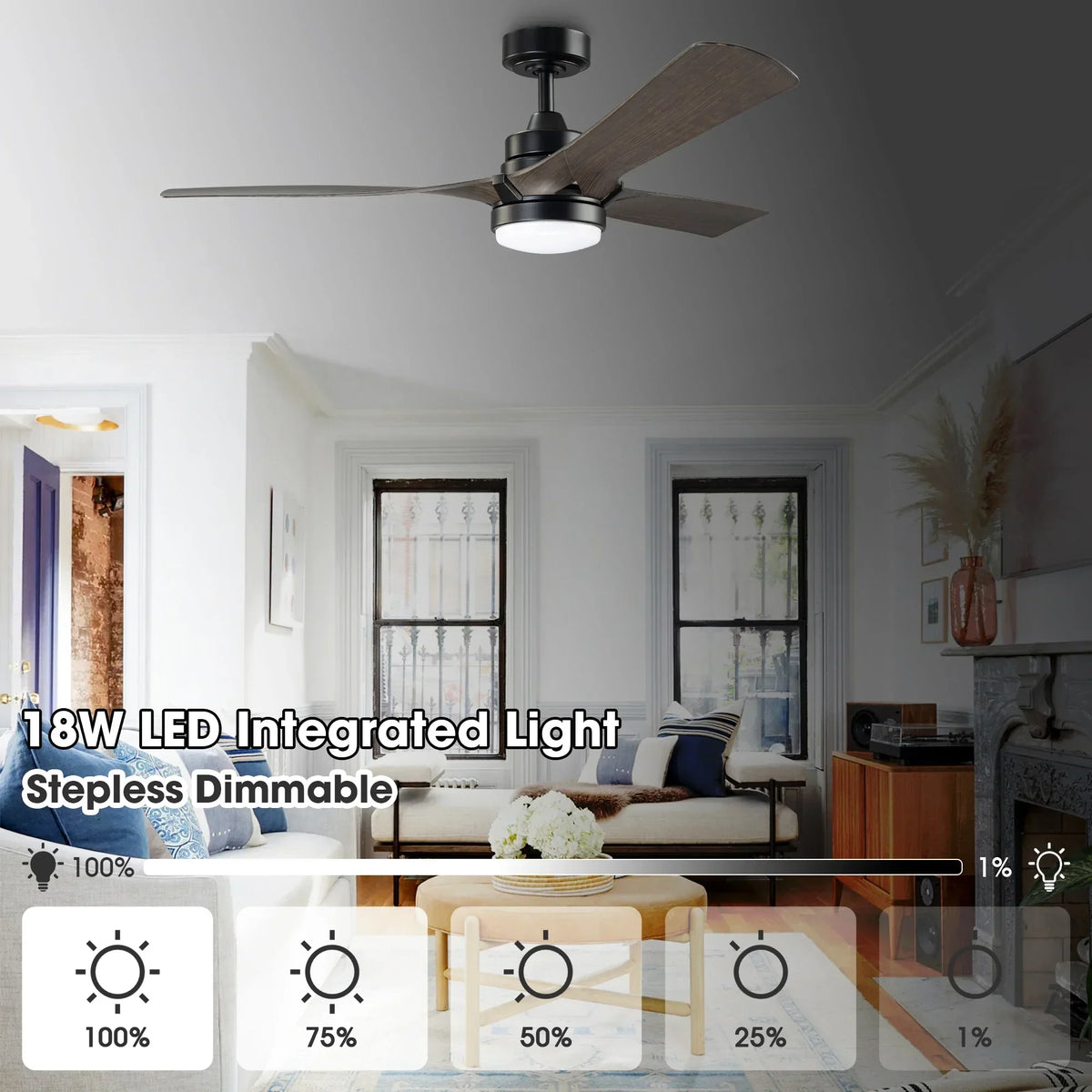 52 Inch Ivy Industrial Downrod Mount LED Ceiling Fan with Remote Control