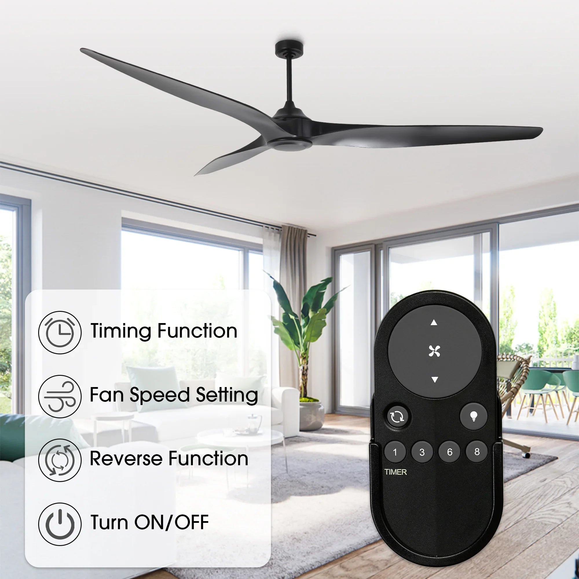 100 Inch Simon Black IP44 Outdoor Downrod Mount Ceiling Fan with Remote Control