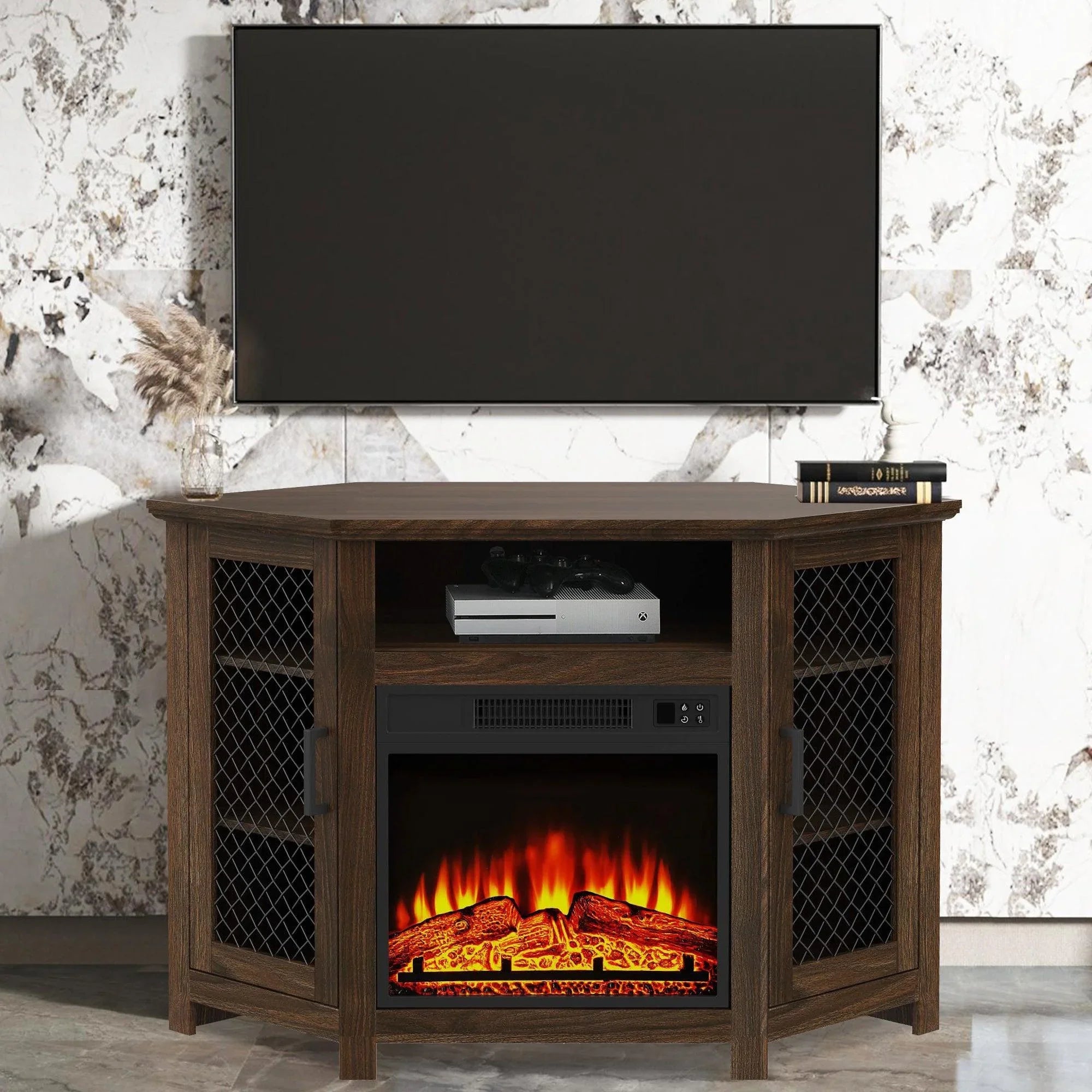 Chimenea eléctrica esquinera de 45" con soporte para TV y mesa consola con dos puertas de malla metálica.