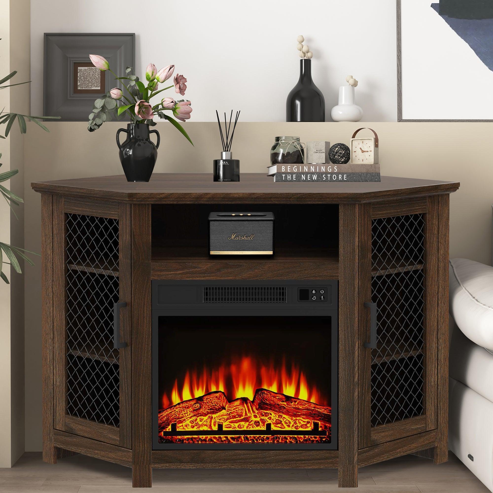 Chimenea eléctrica esquinera de 45" con soporte para TV y mesa consola con dos puertas de malla metálica.