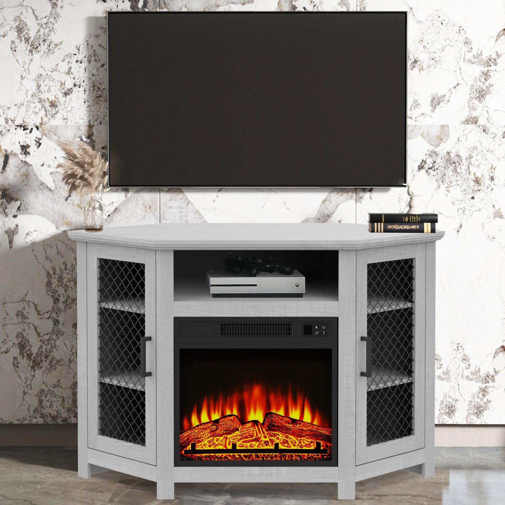 45" Corner Electric Fireplace TV Stands Console Table with 2 Metal Mesh Doors