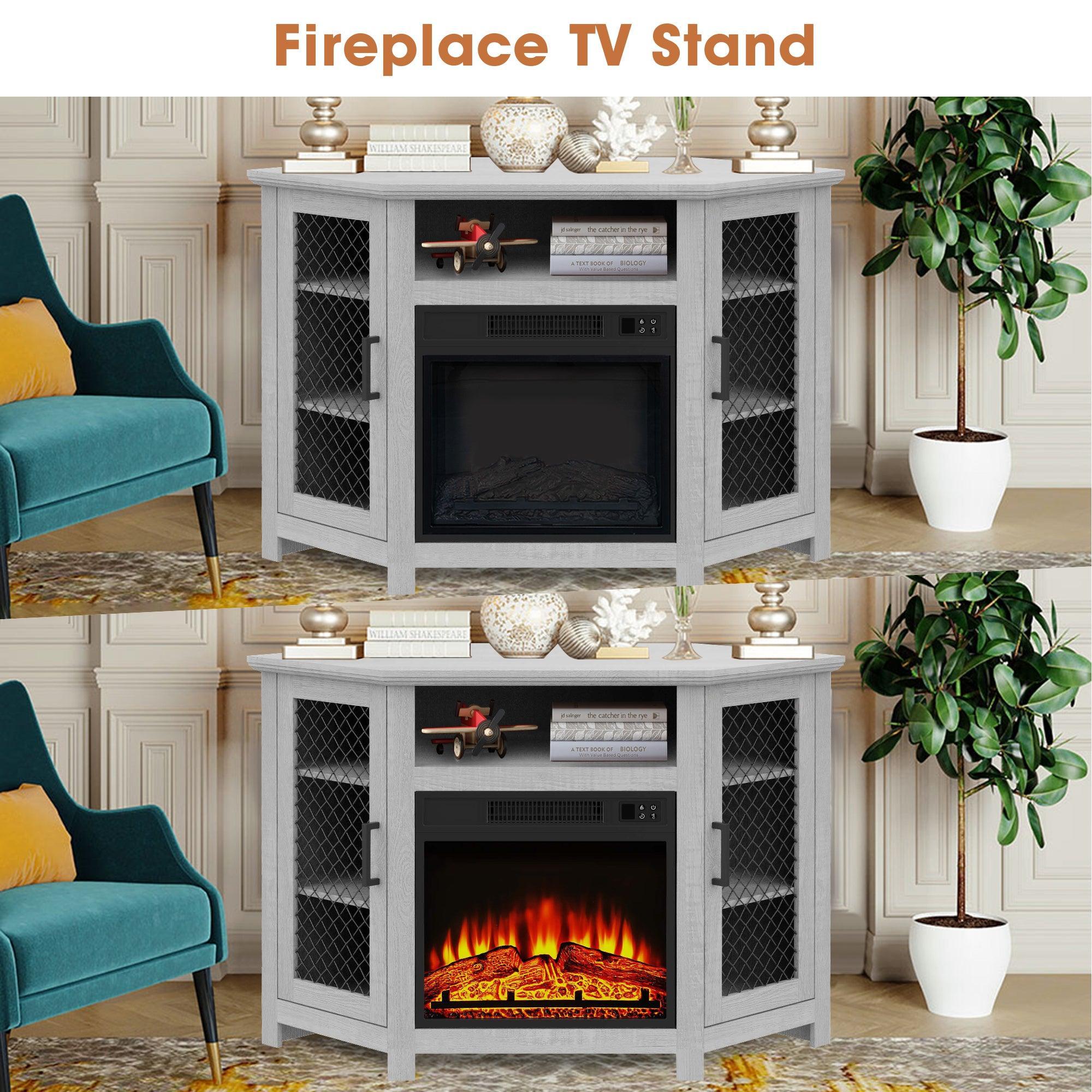45" Corner Electric Fireplace TV Stands Console Table with 2 Metal Mesh Doors
