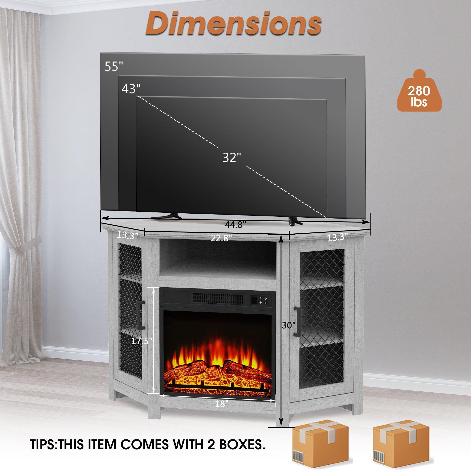 45" Corner Electric Fireplace TV Stands Console Table with 2 Metal Mesh Doors