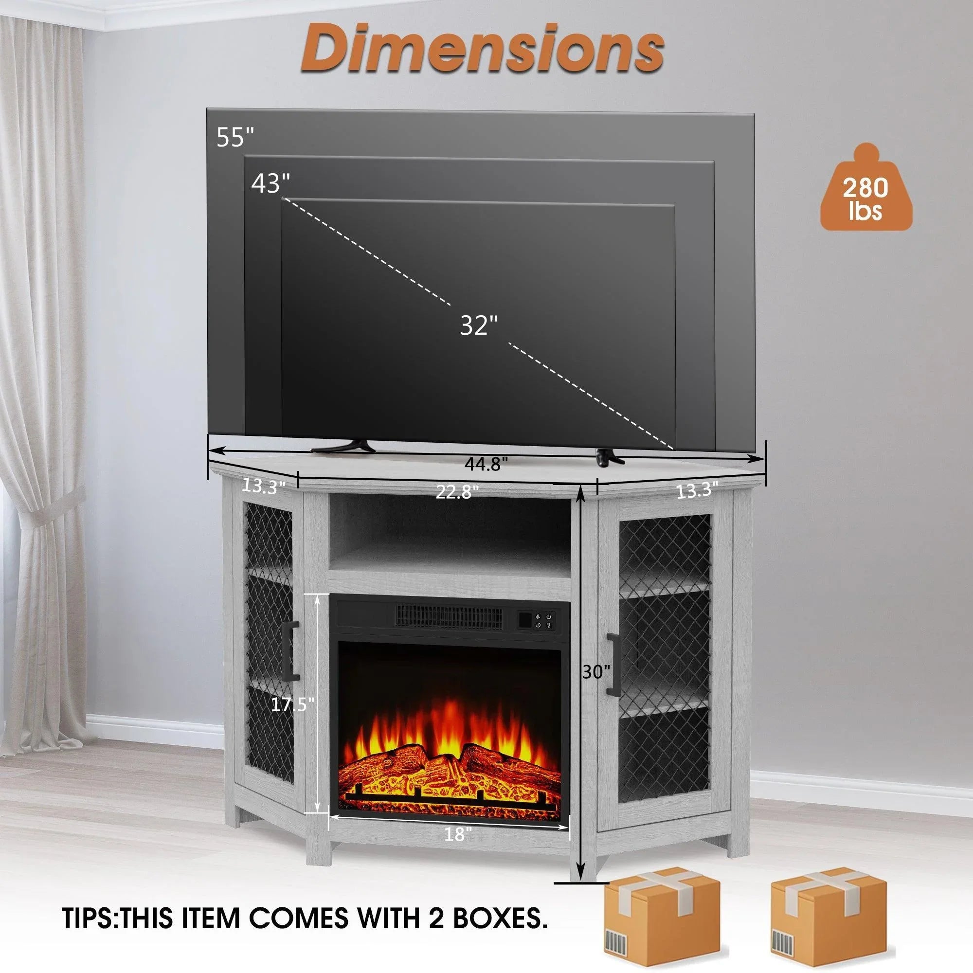 Chimenea eléctrica esquinera de 45" con soporte para TV y mesa consola con dos puertas de malla metálica.