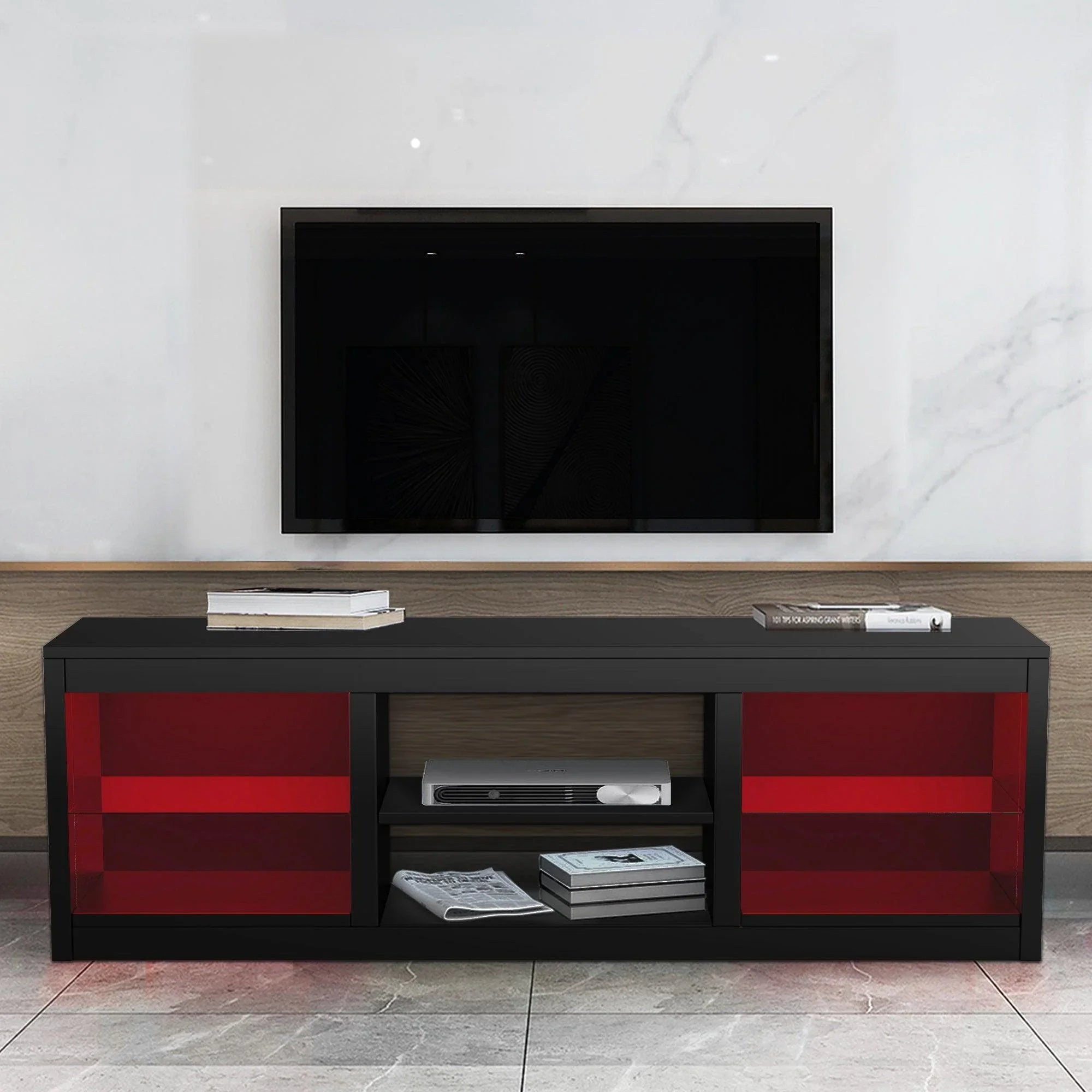 Centro de entretenimiento moderno con soporte para TV LED de 66" y estantes de vidrio para sala de estar